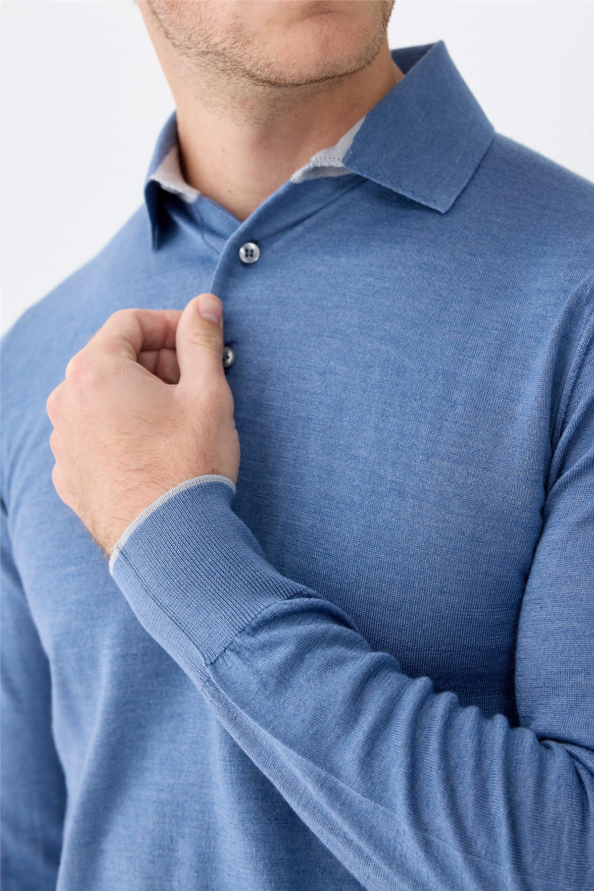 Mavi Polo Yaka Yün İpek Kaşmir Triko
