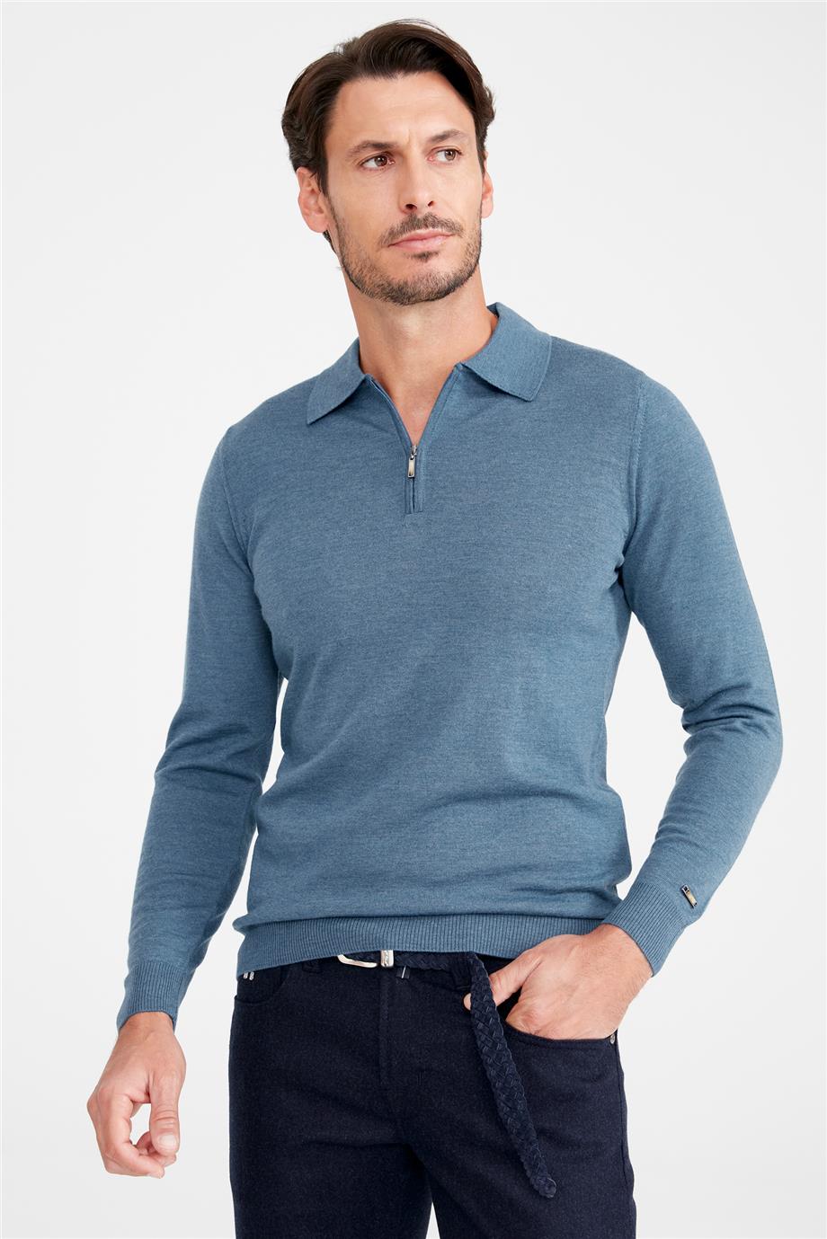 Mavi Polo Yaka Yün Triko