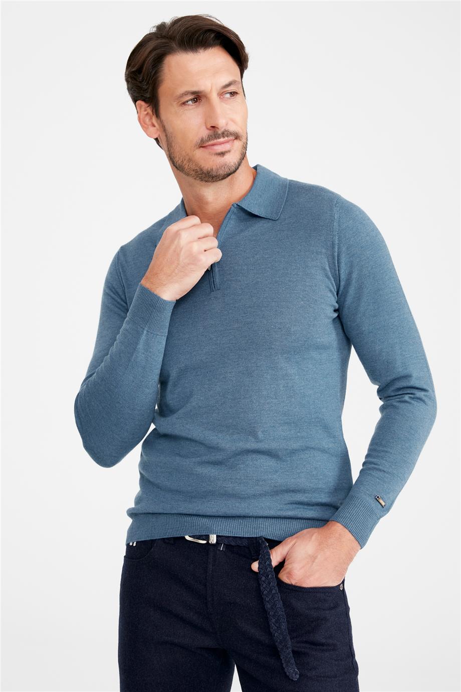 Mavi Polo Yaka Yün Triko