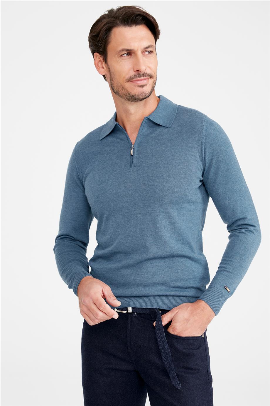 Mavi Polo Yaka Yün Triko