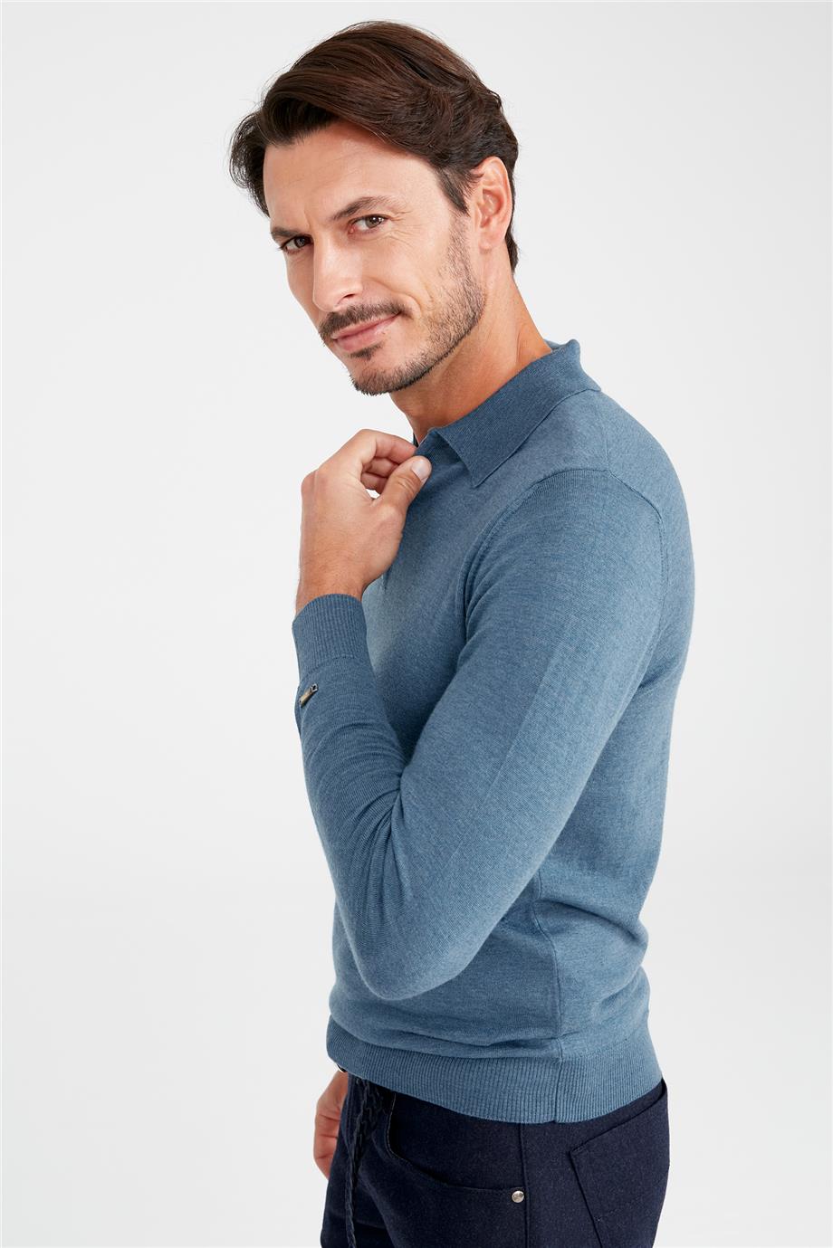 Mavi Polo Yaka Yün Triko