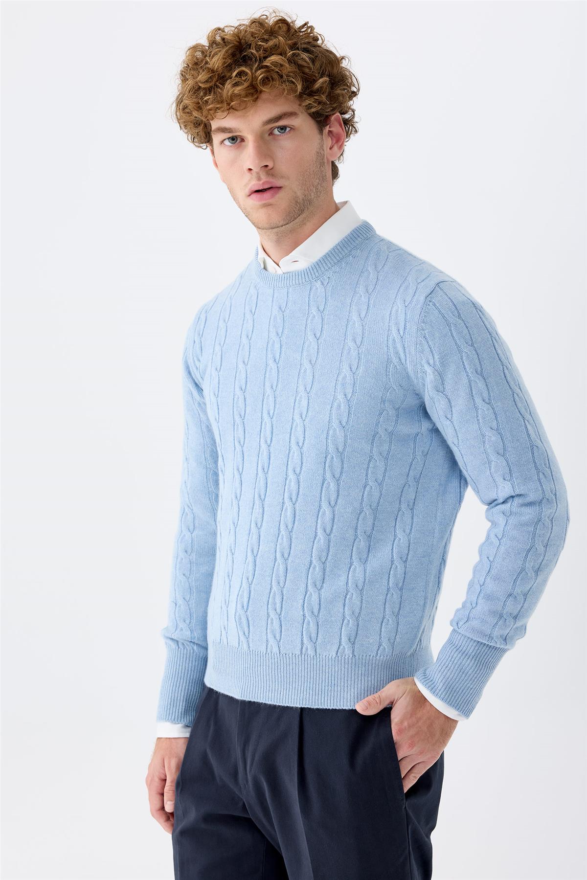 Mavi Sıfır Yaka Kaşmir Kazak