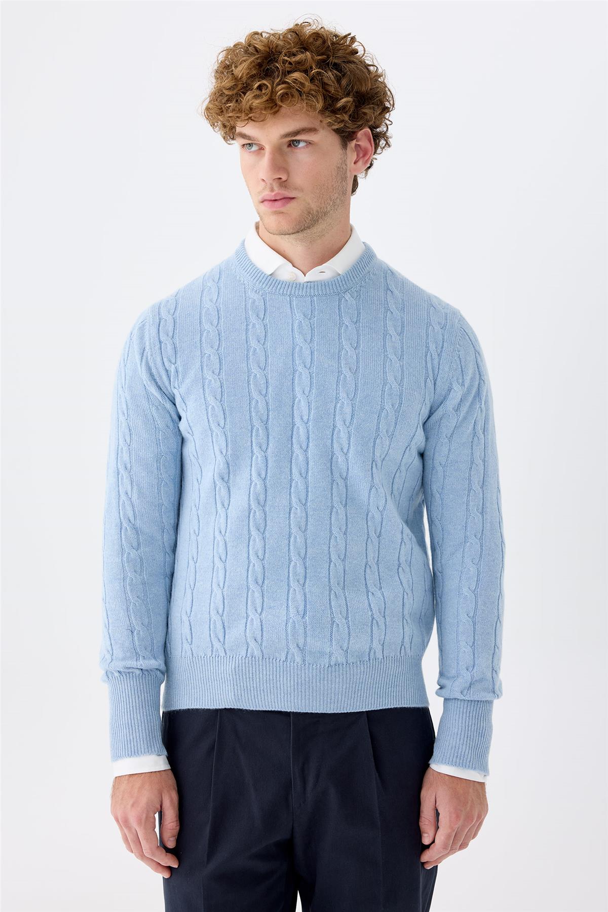 Mavi Sıfır Yaka Kaşmir Kazak