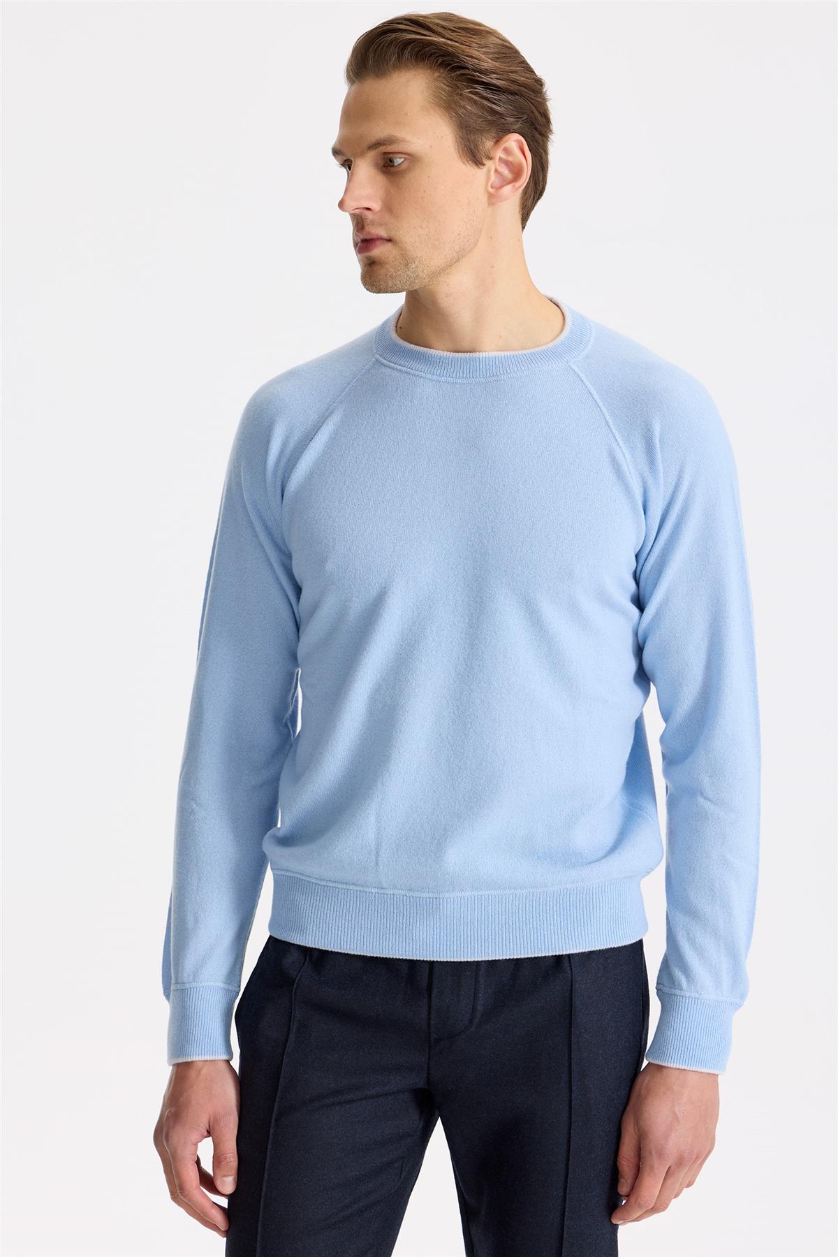 Mavi Sıfır Yaka Kaşmir Triko