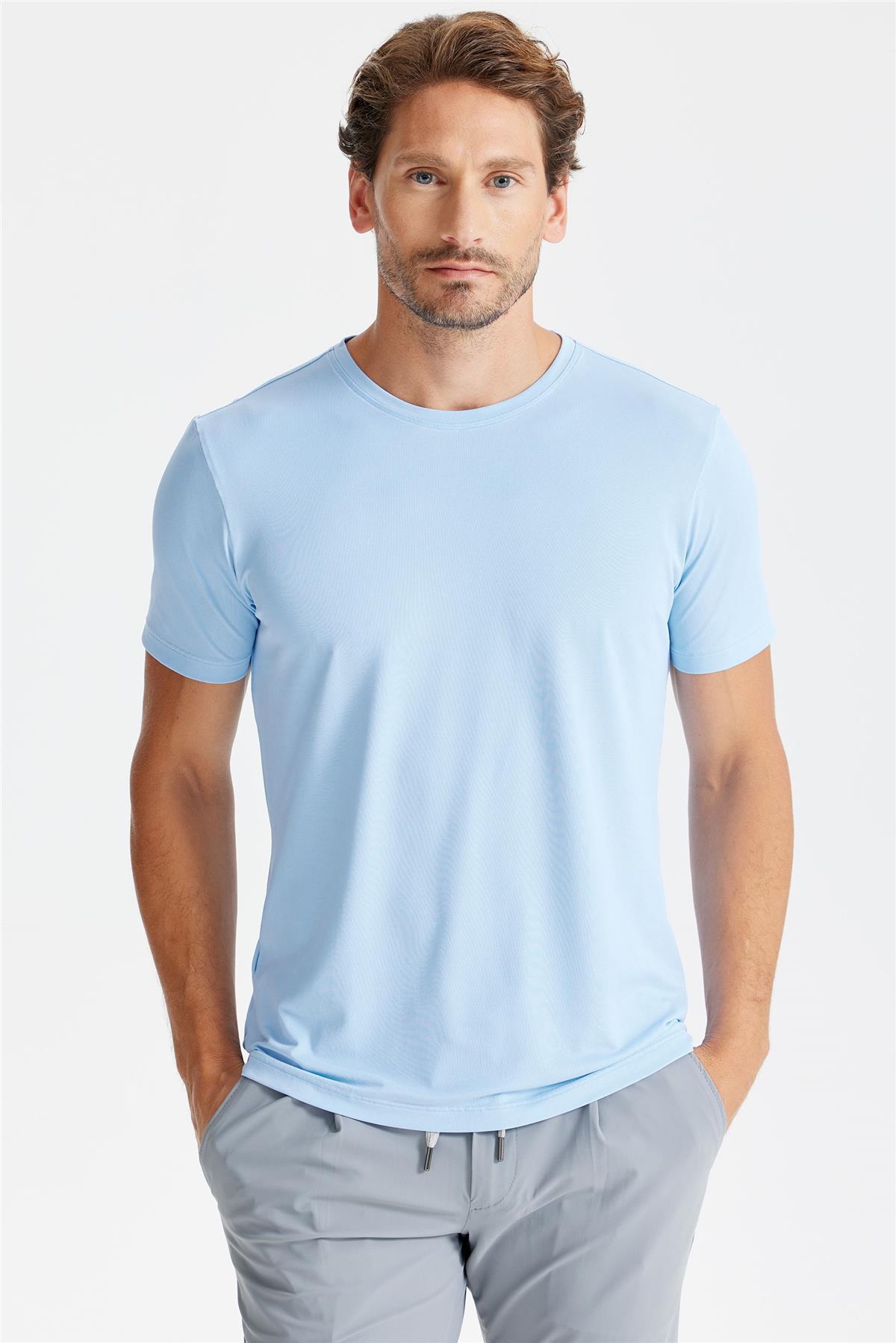 Mavi Sıfır Yaka Oxford Teknik Kumaş T-shirt