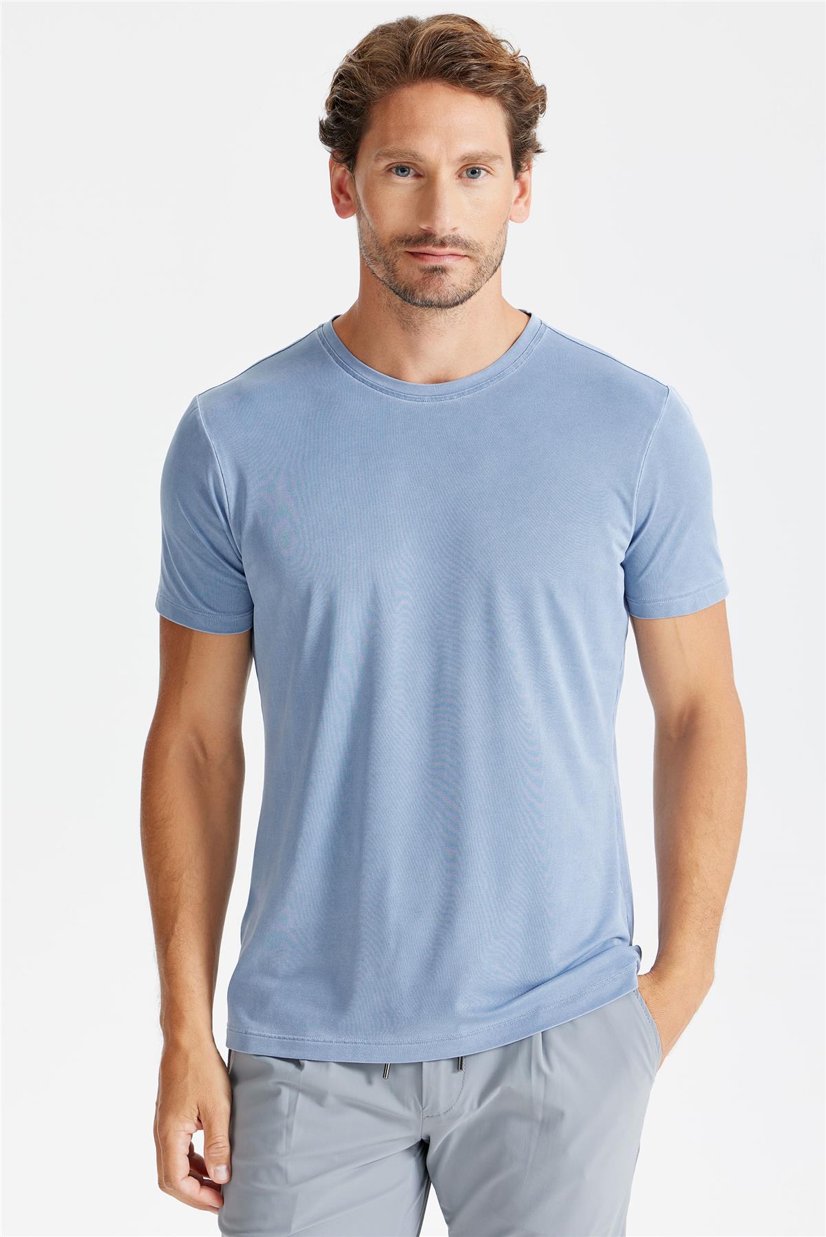 Mavi Sıfır Yaka Oxford Teknik Kumaş T-shirt