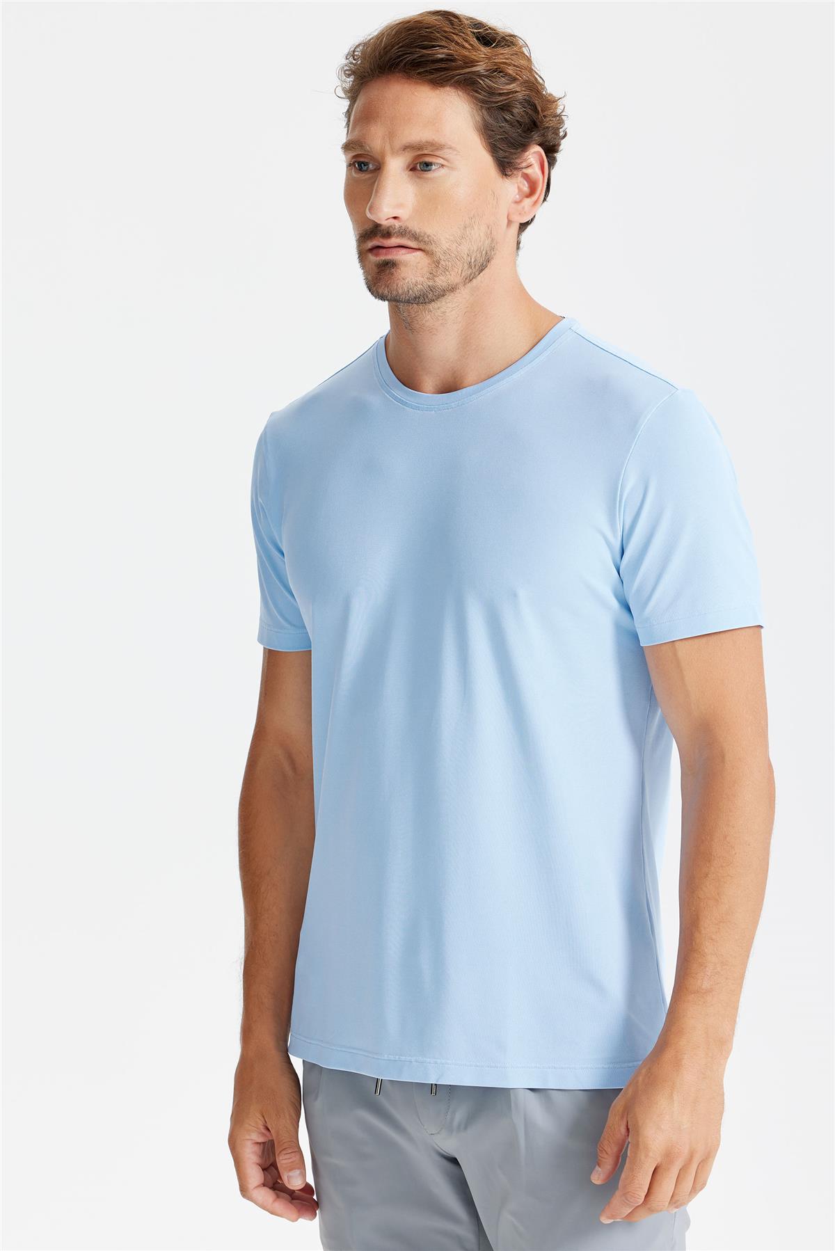 Mavi Sıfır Yaka Oxford Teknik Kumaş T-shirt