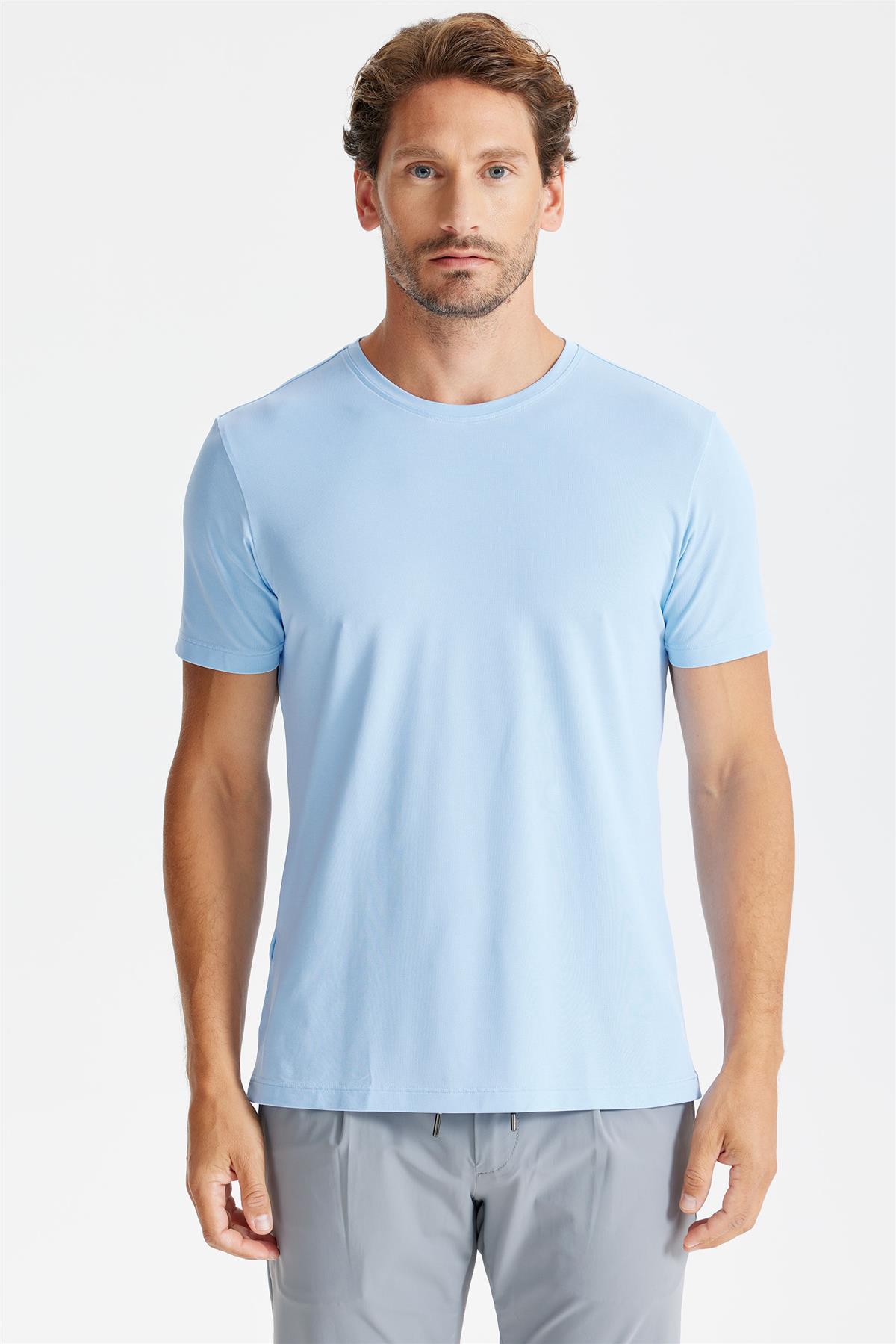 Mavi Sıfır Yaka Oxford Teknik Kumaş T-shirt