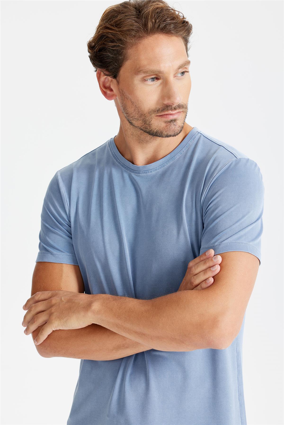 Mavi Sıfır Yaka Oxford Teknik Kumaş T-shirt