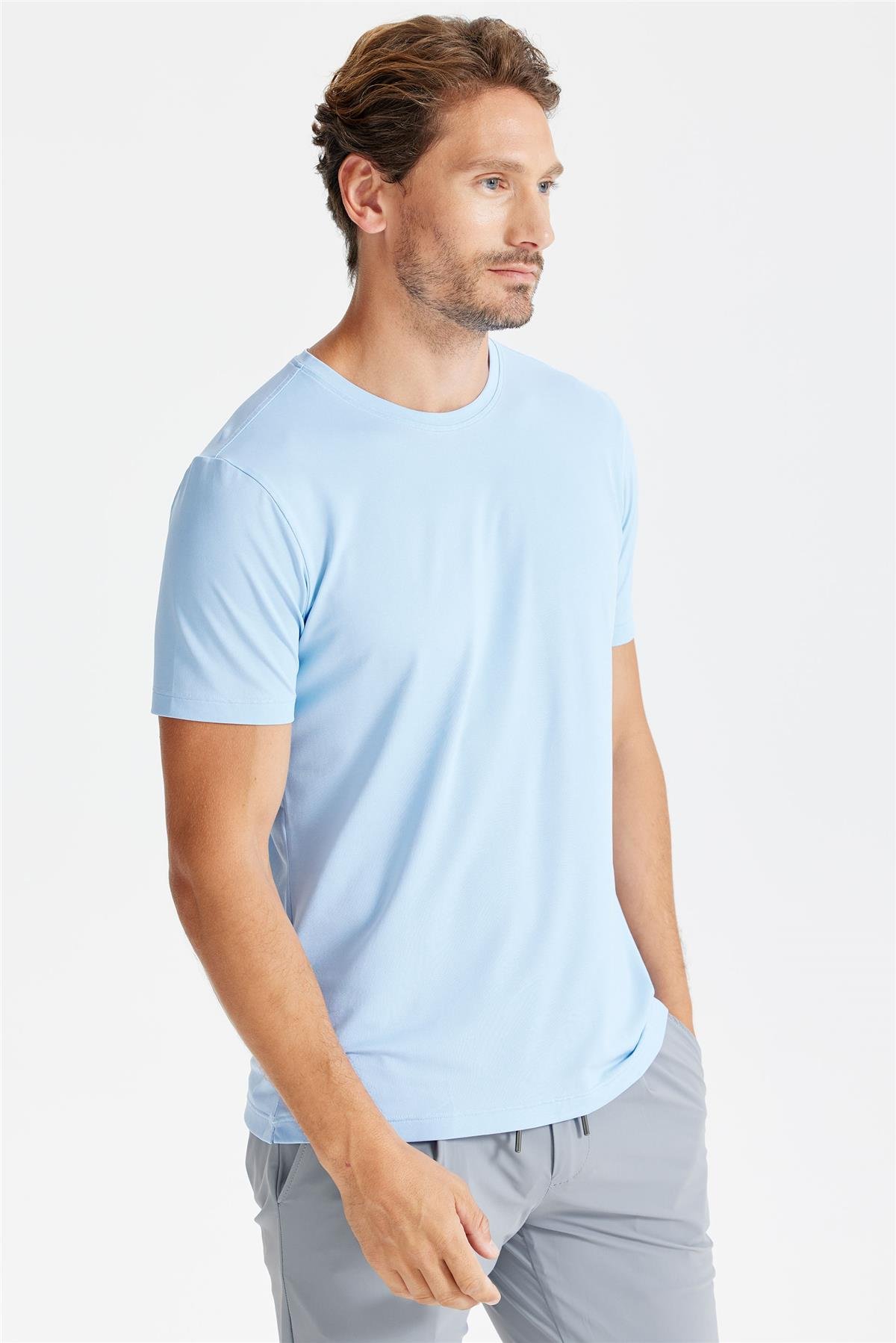 Mavi Sıfır Yaka Oxford Teknik Kumaş T-shirt