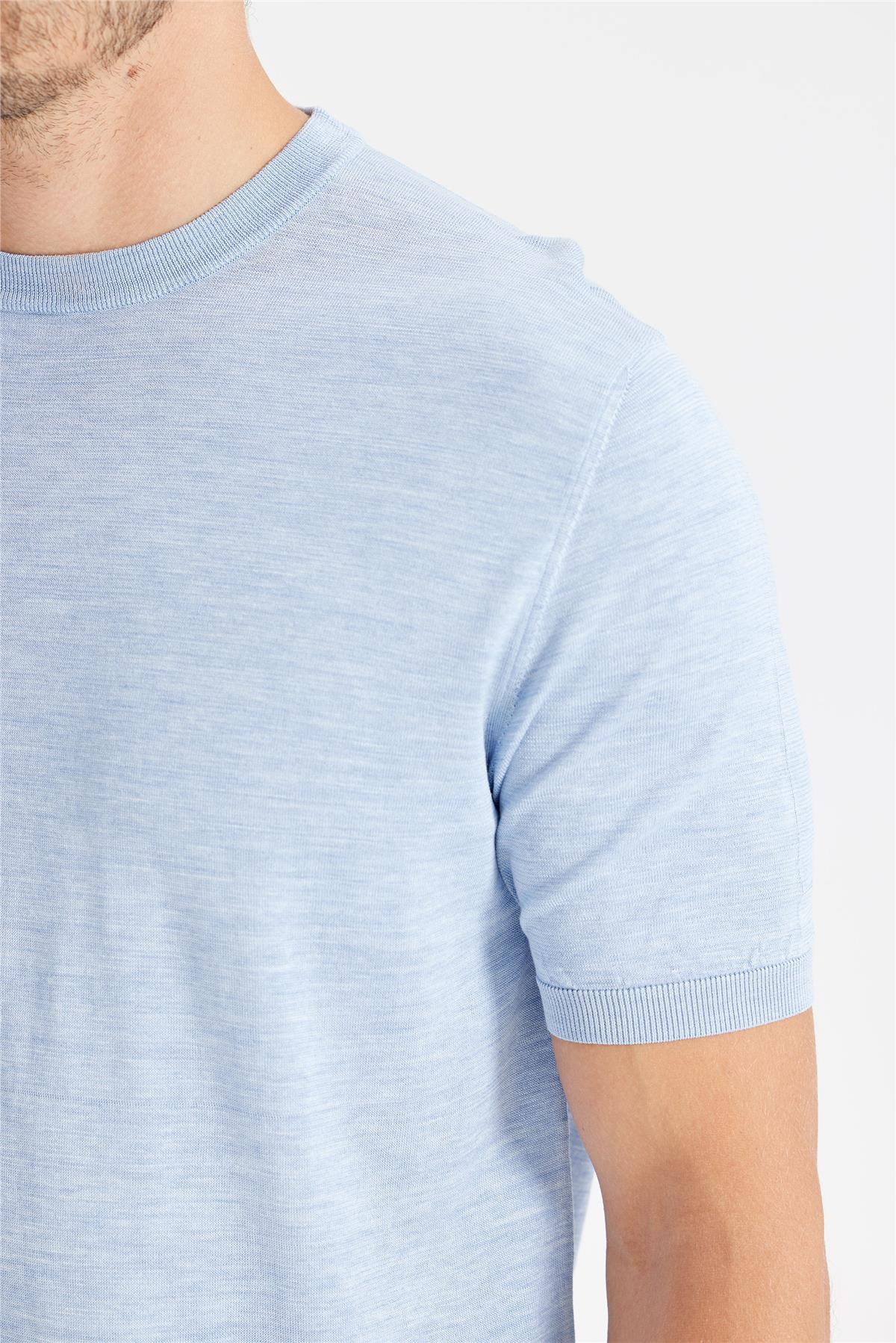 Mavi Sıfır Yaka Pamuk İpek Triko