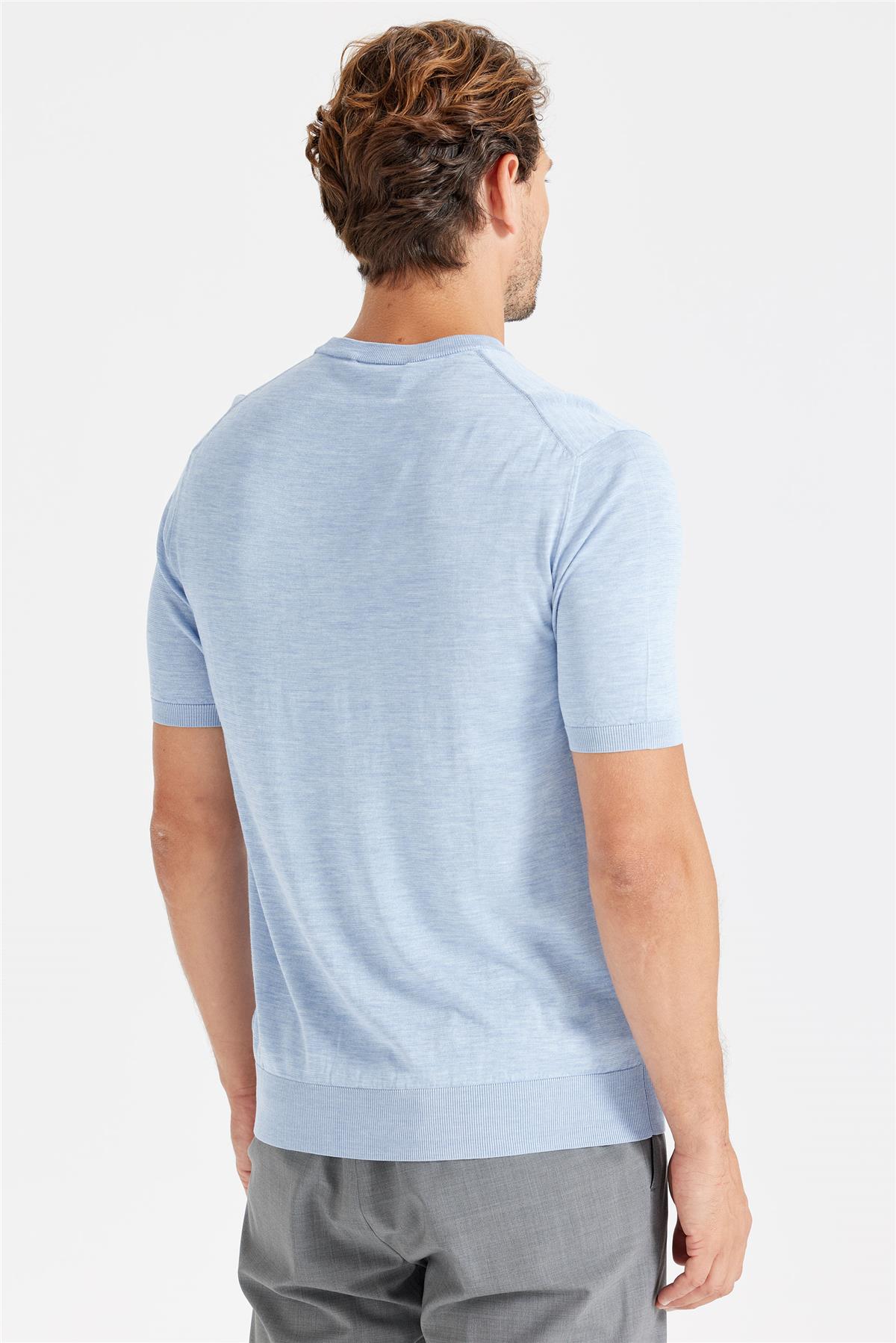 Mavi Sıfır Yaka Pamuk İpek Triko