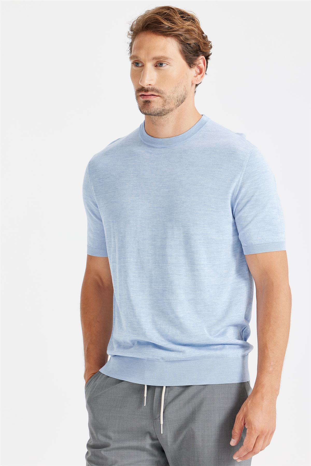 Mavi Sıfır Yaka Pamuk İpek Triko