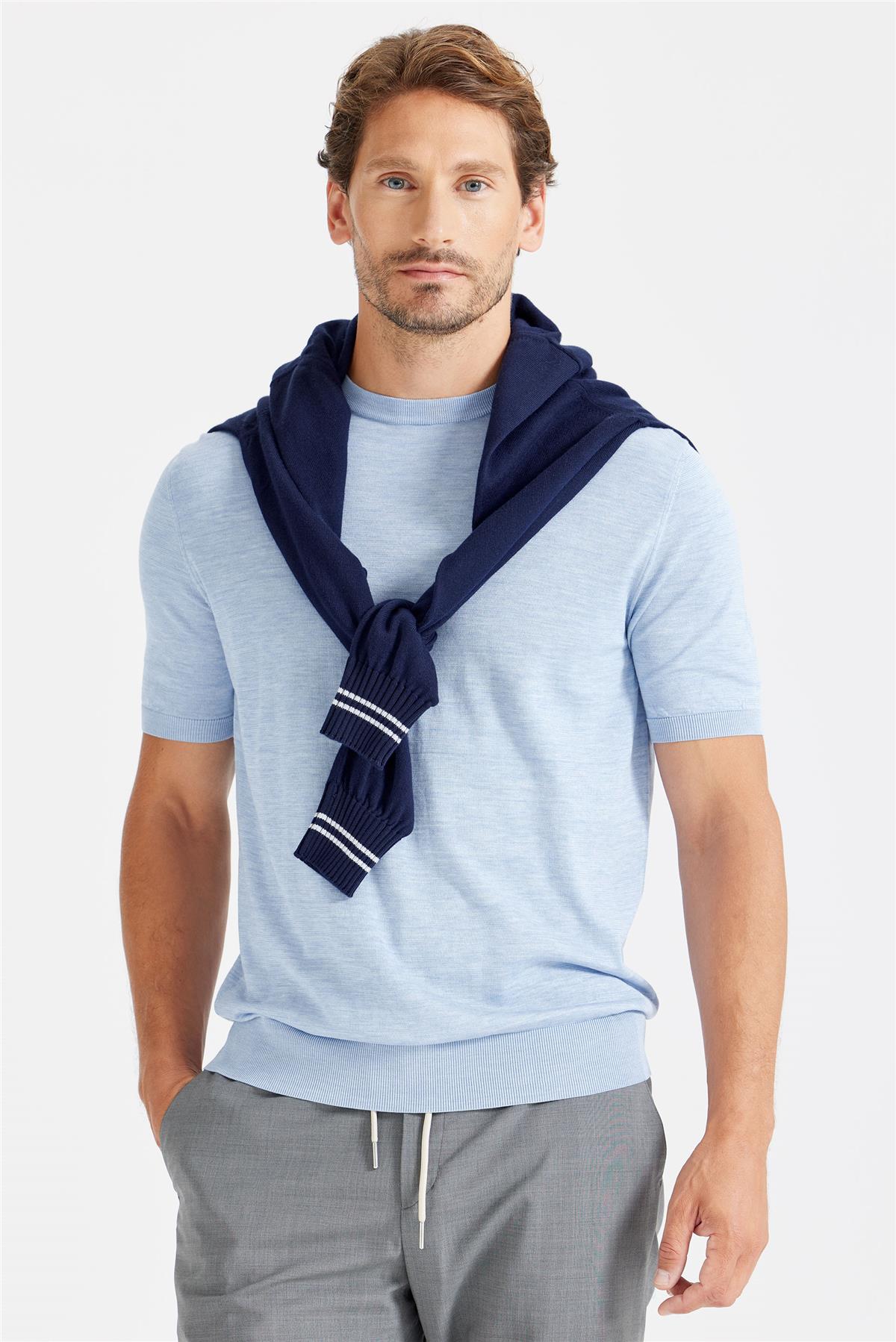 Mavi Sıfır Yaka Pamuk İpek Triko