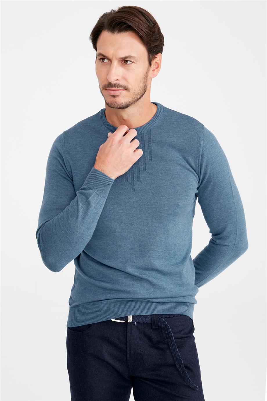 Mavi Sıfır Yaka Yün Triko