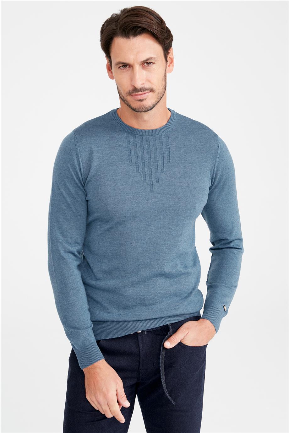 Mavi Sıfır Yaka Yün Triko