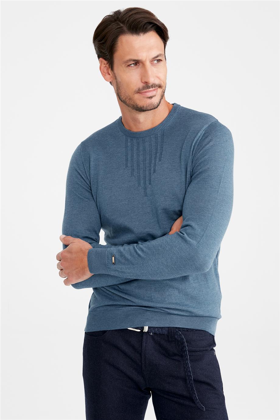 Mavi Sıfır Yaka Yün Triko