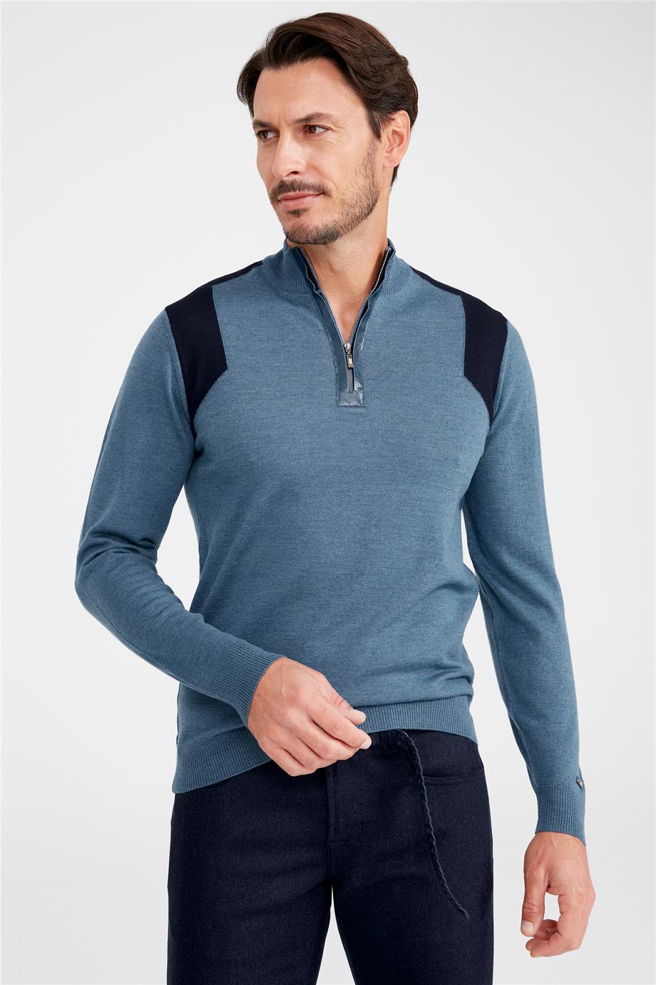 Mavi Trio Yaka Yün Triko