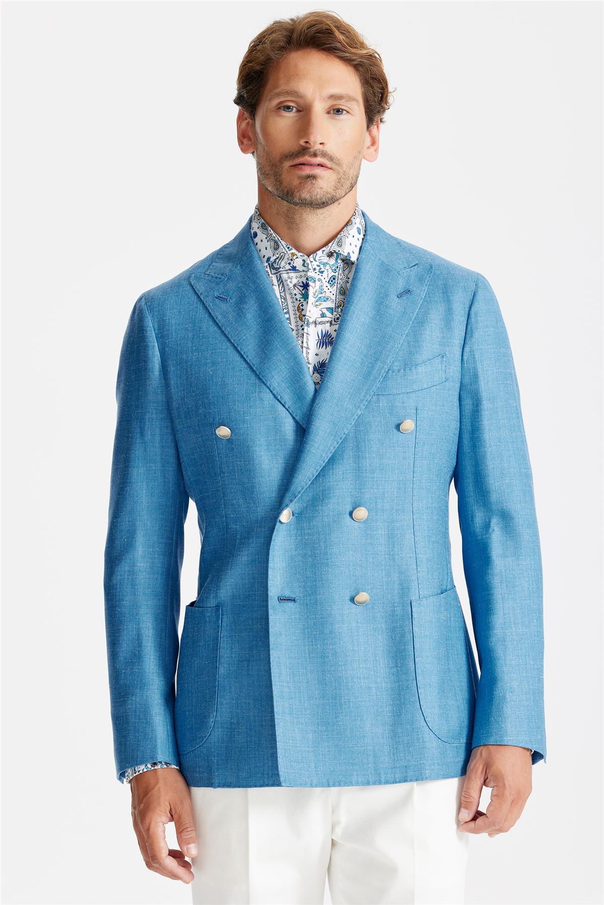 Mavi Yün İpek Keten Kruvaze Ceket