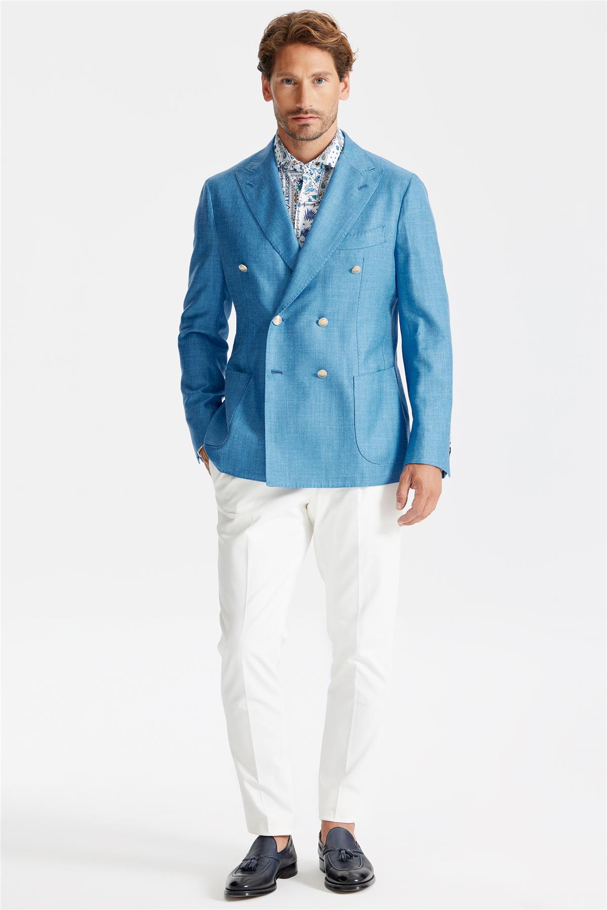 Mavi Yün İpek Keten Kruvaze Ceket