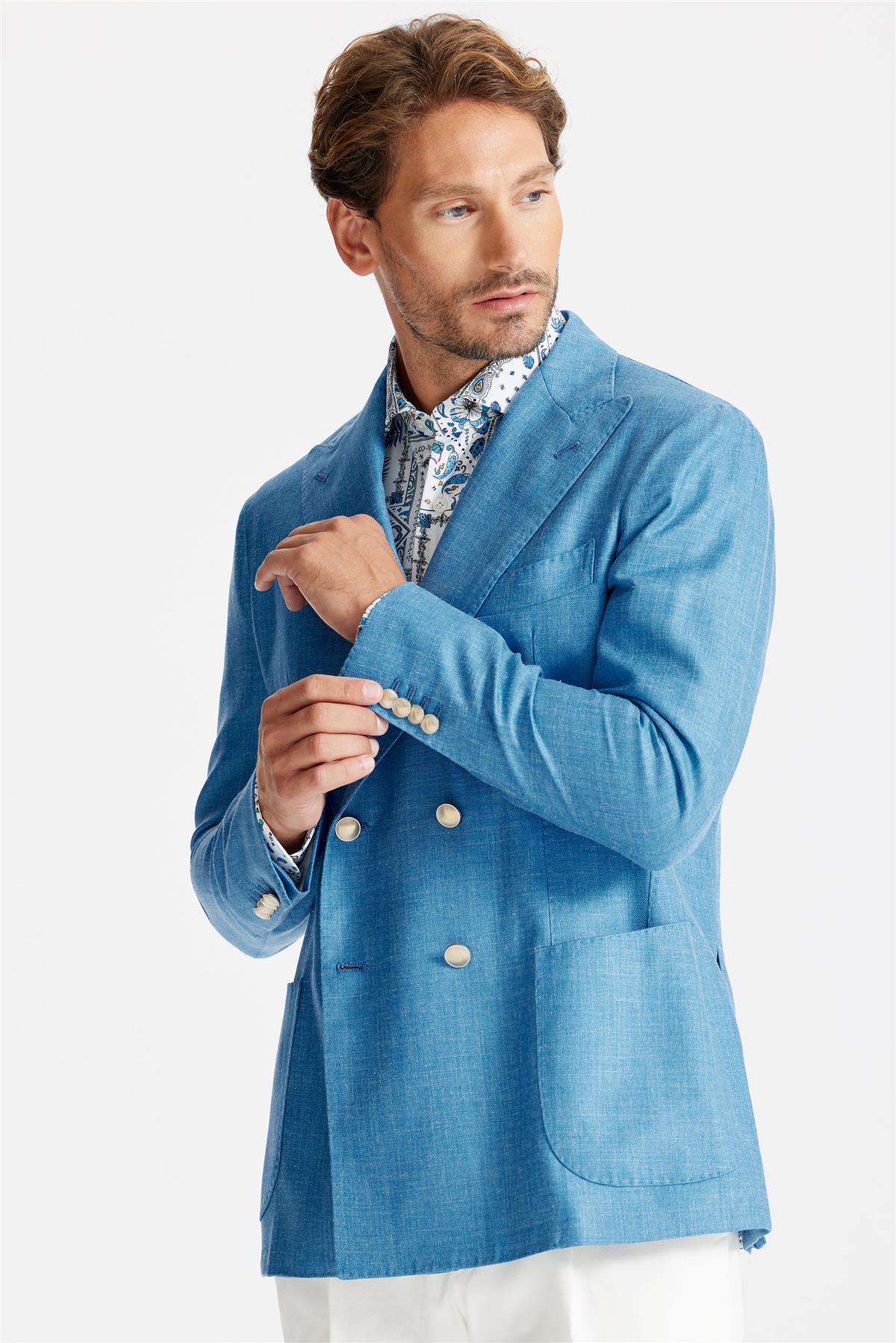 Mavi Yün İpek Keten Kruvaze Ceket