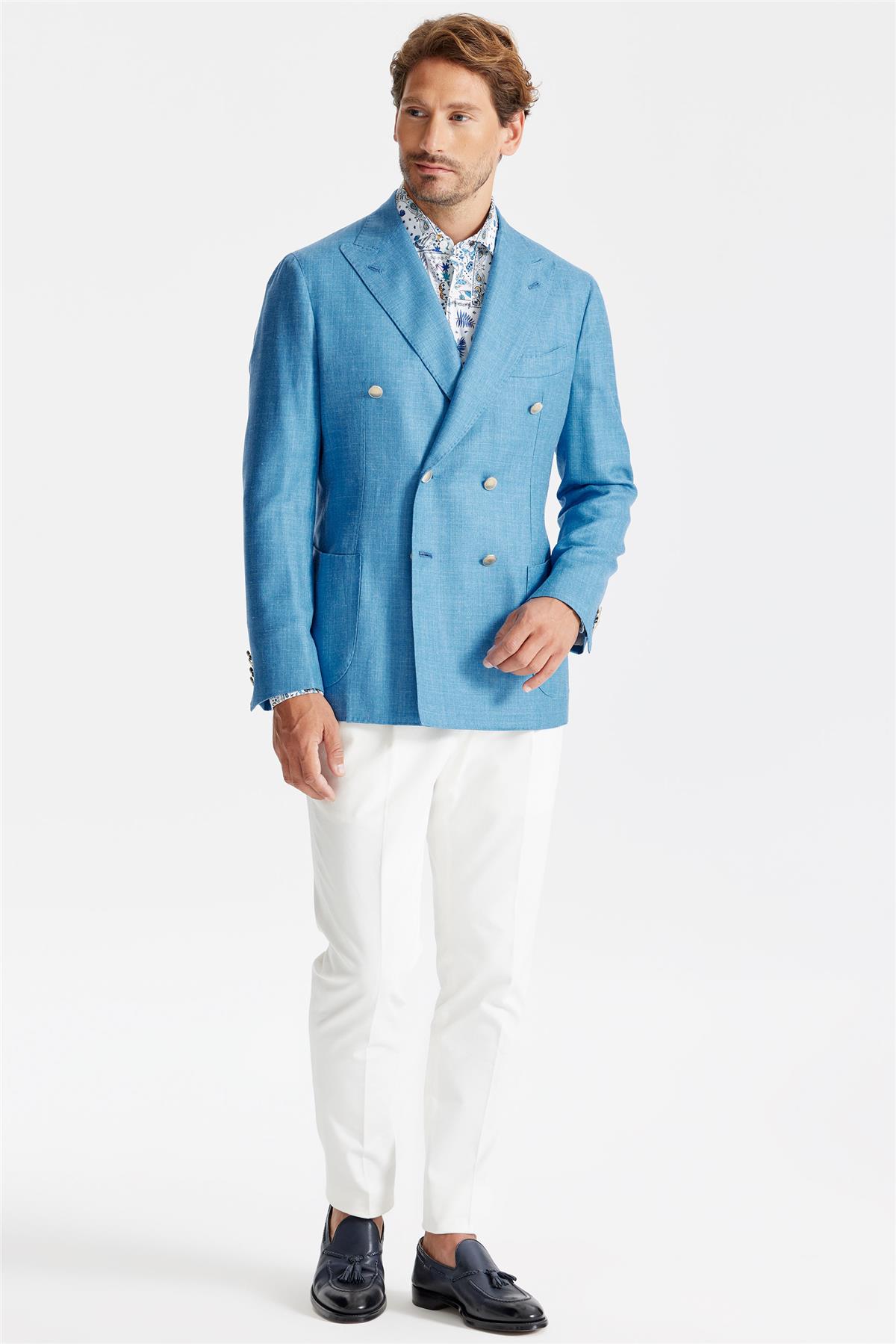 Mavi Yün İpek Keten Kruvaze Ceket