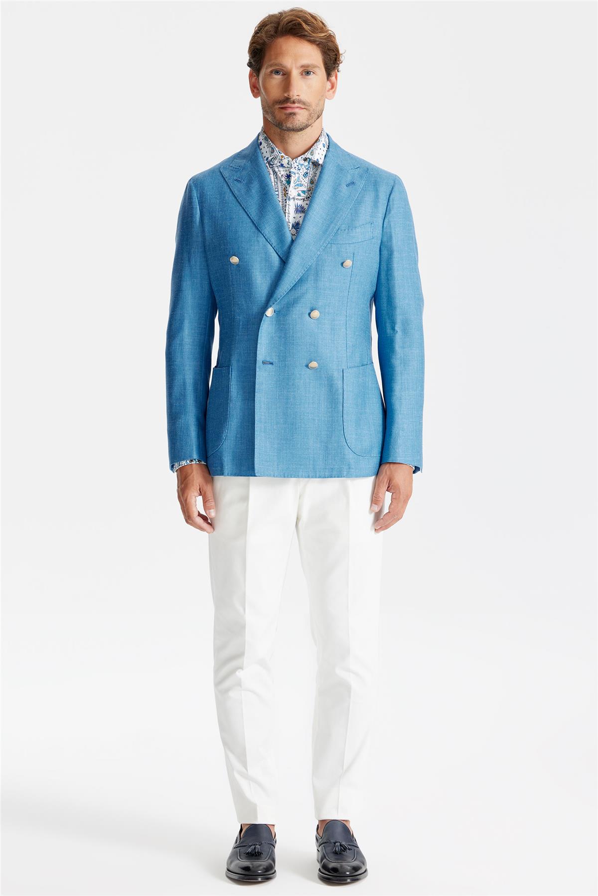 Mavi Yün İpek Keten Kruvaze Ceket