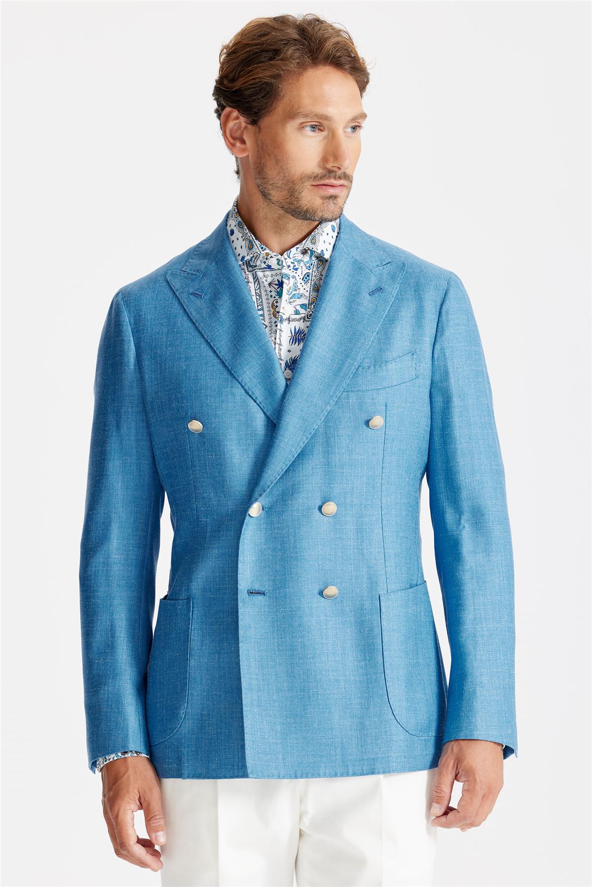 Mavi Yün İpek Keten Kruvaze Ceket