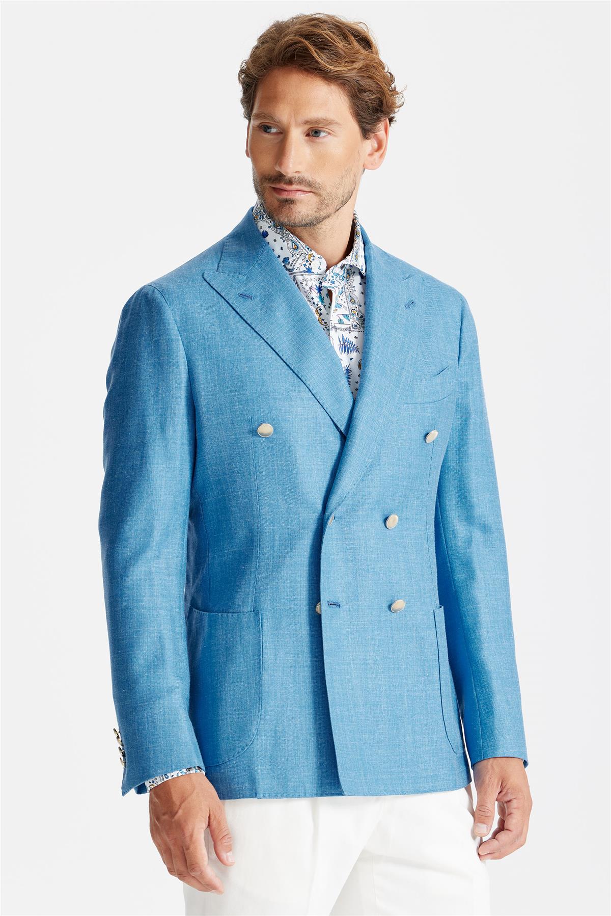 Mavi Yün İpek Keten Kruvaze Ceket