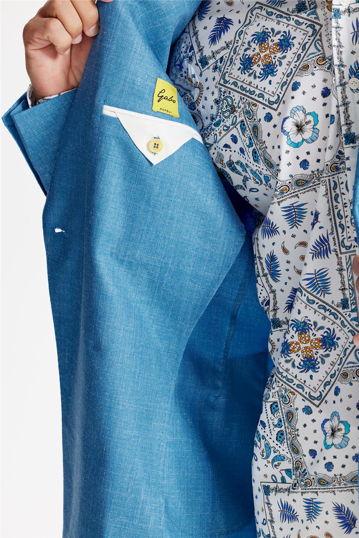 Mavi Yün İpek Keten Kruvaze Ceket