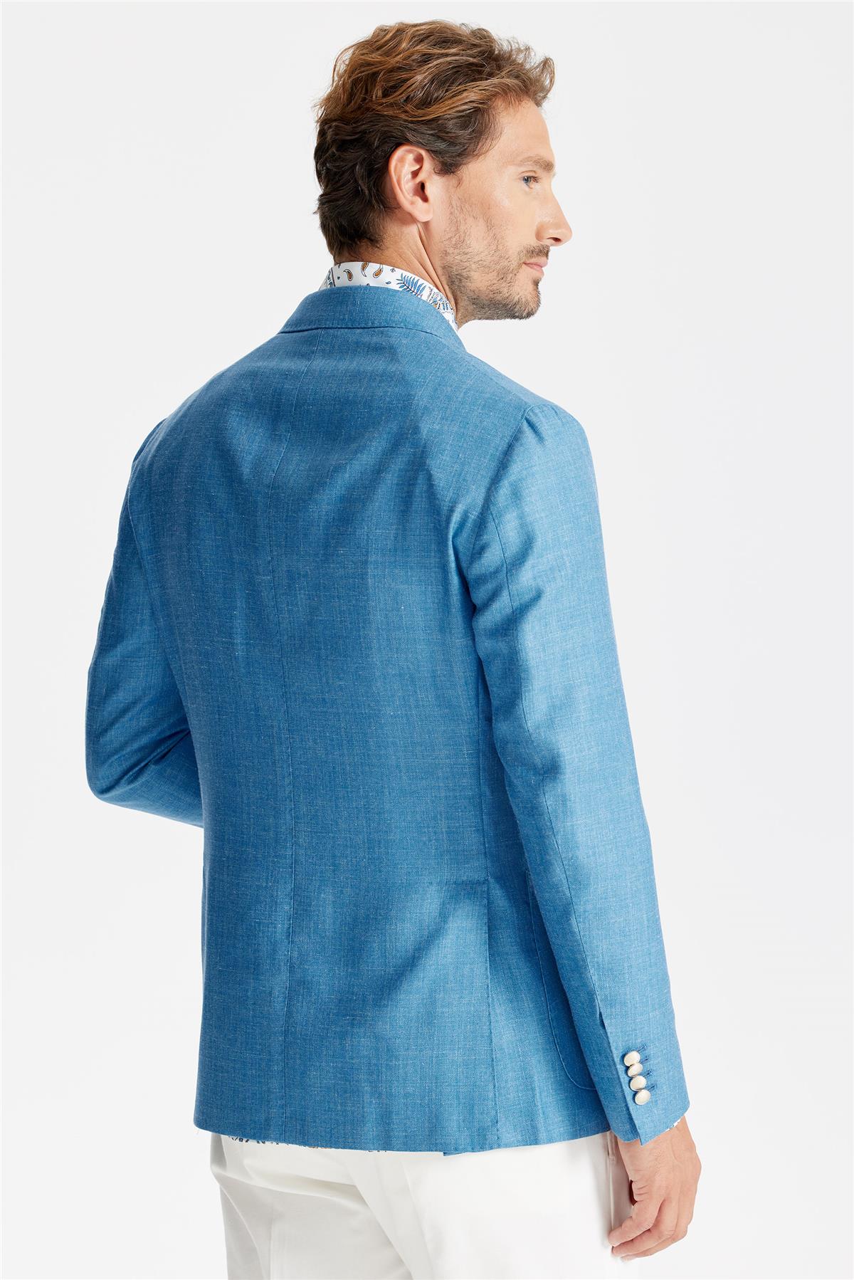 Mavi Yün İpek Keten Kruvaze Ceket