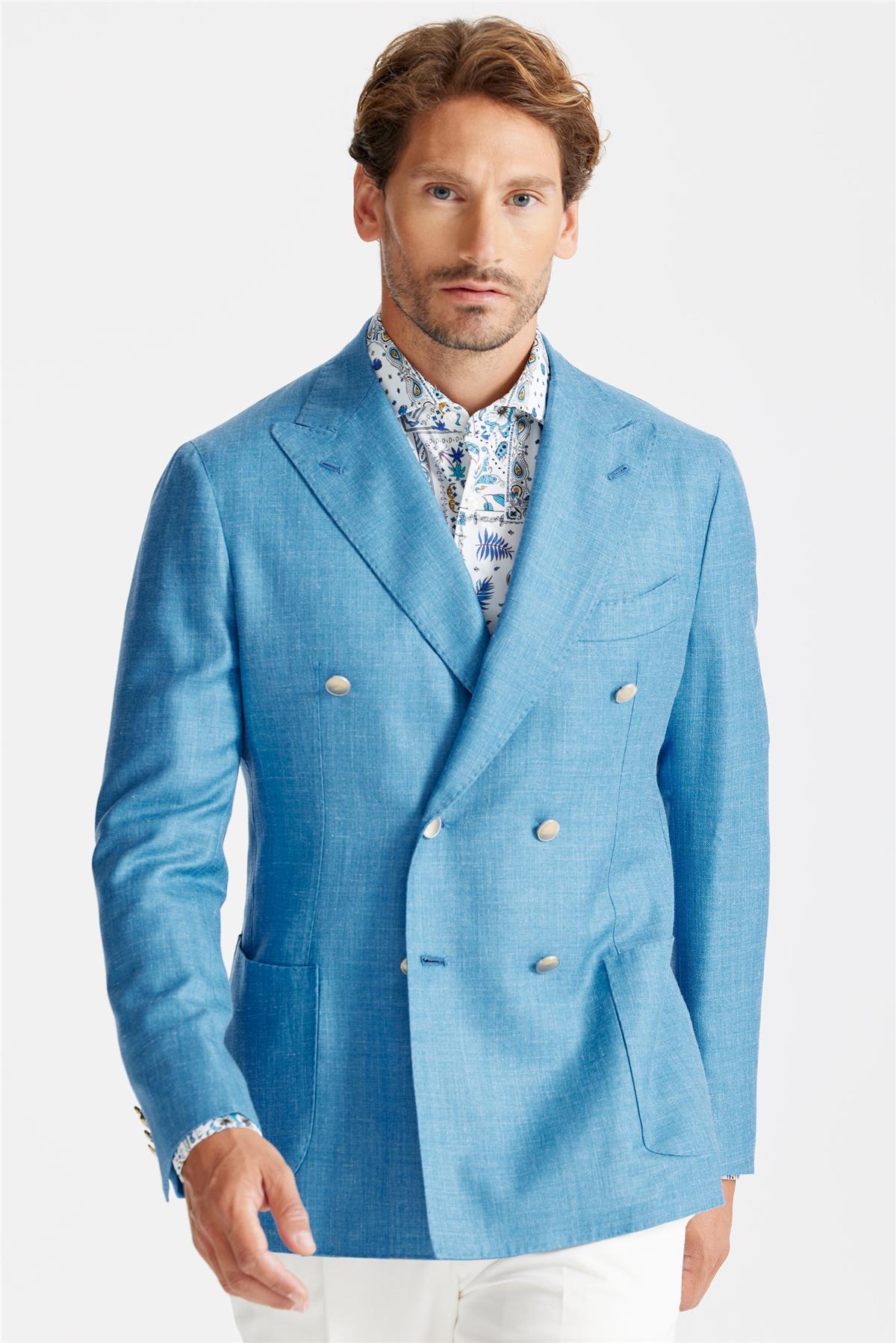 Mavi Yün İpek Keten Kruvaze Ceket