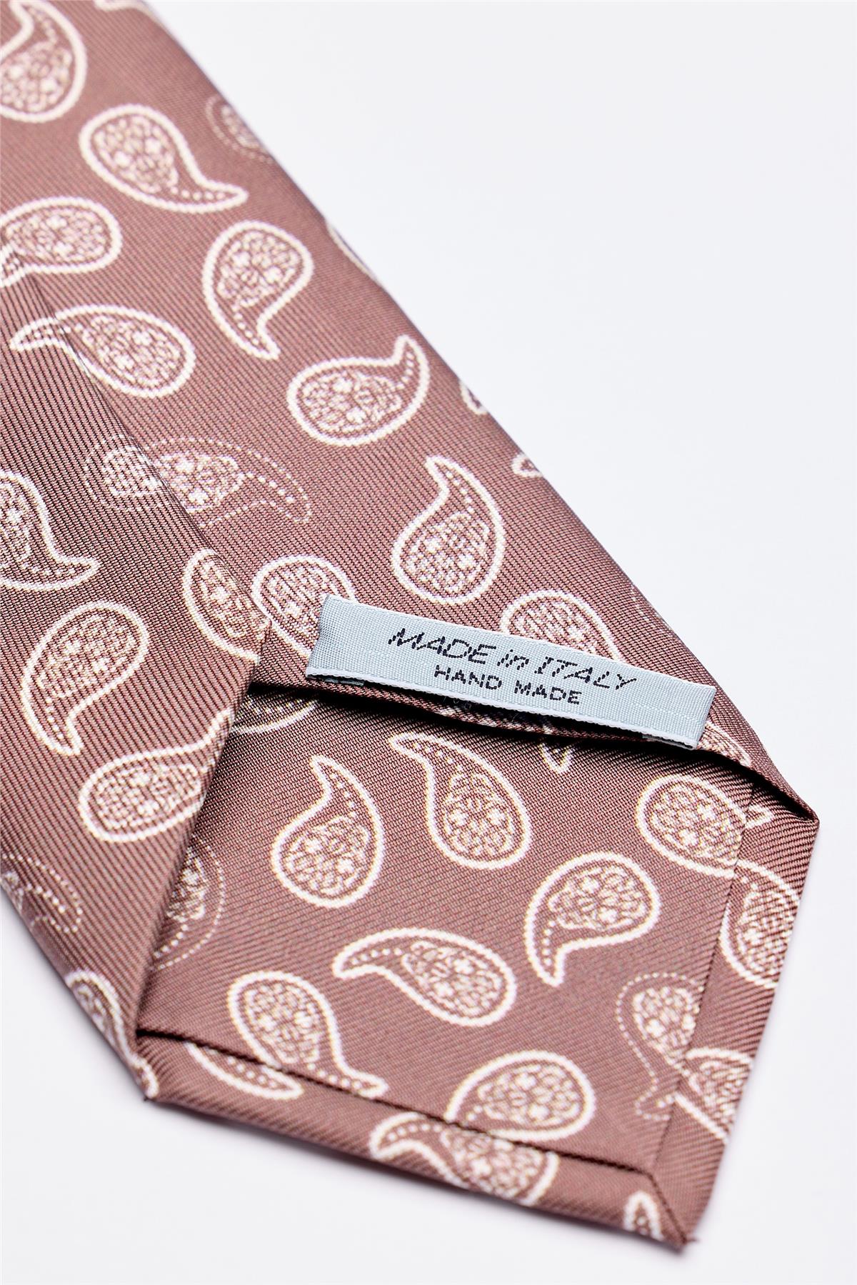 Moka Kahve Beyaz Şal Desenli 7 Fold İpek Kravat