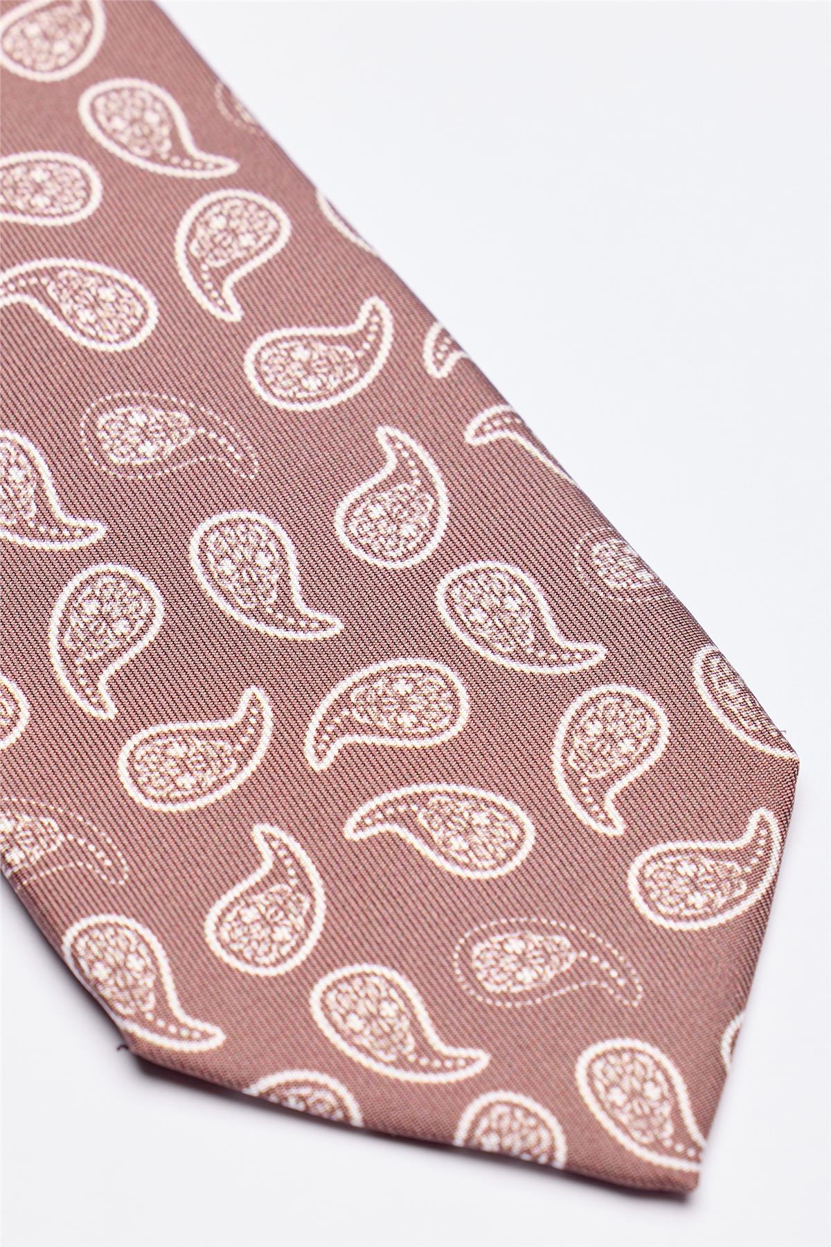 Moka Kahve Beyaz Şal Desenli 7 Fold İpek Kravat