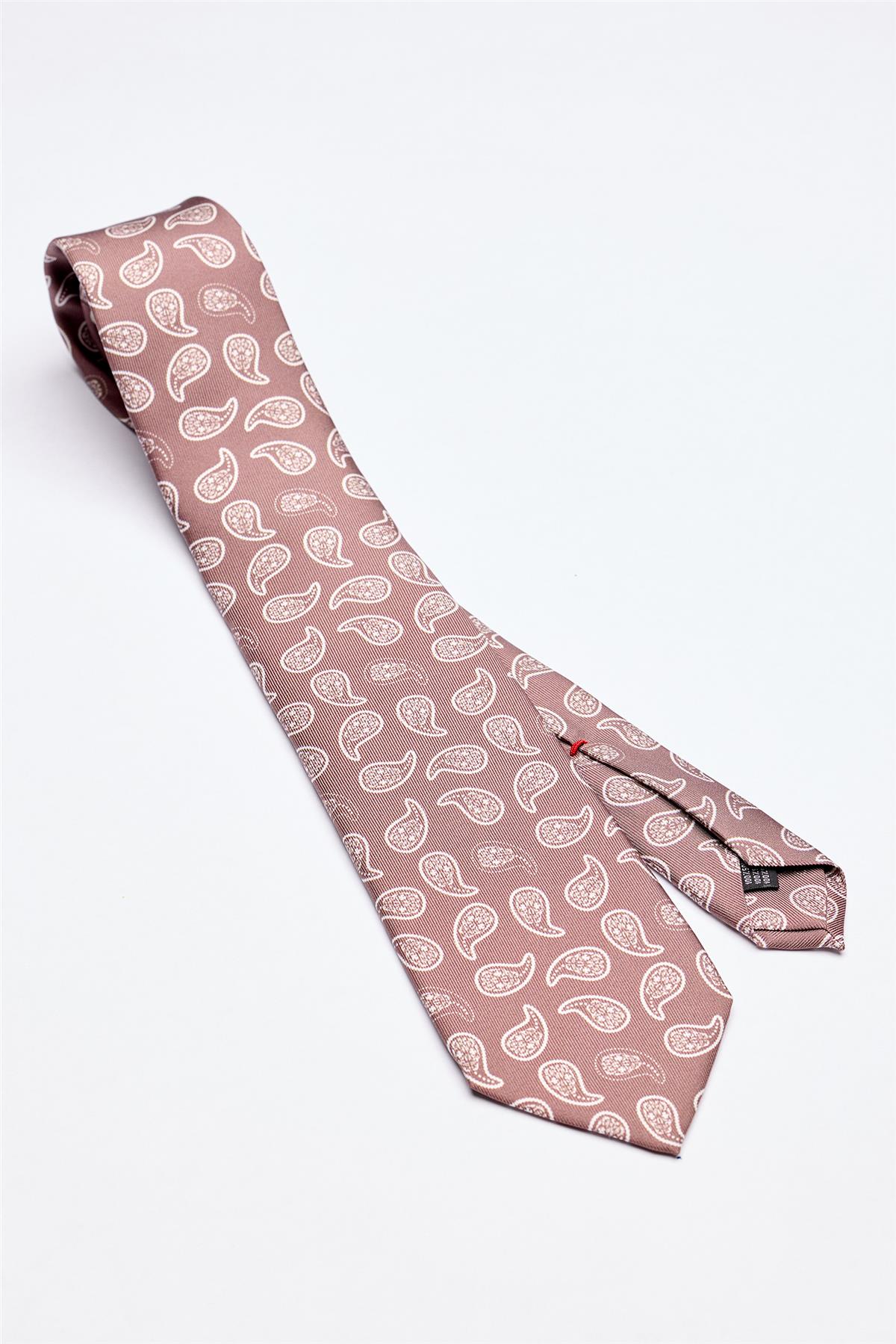 Moka Kahve Beyaz Şal Desenli 7 Fold İpek Kravat