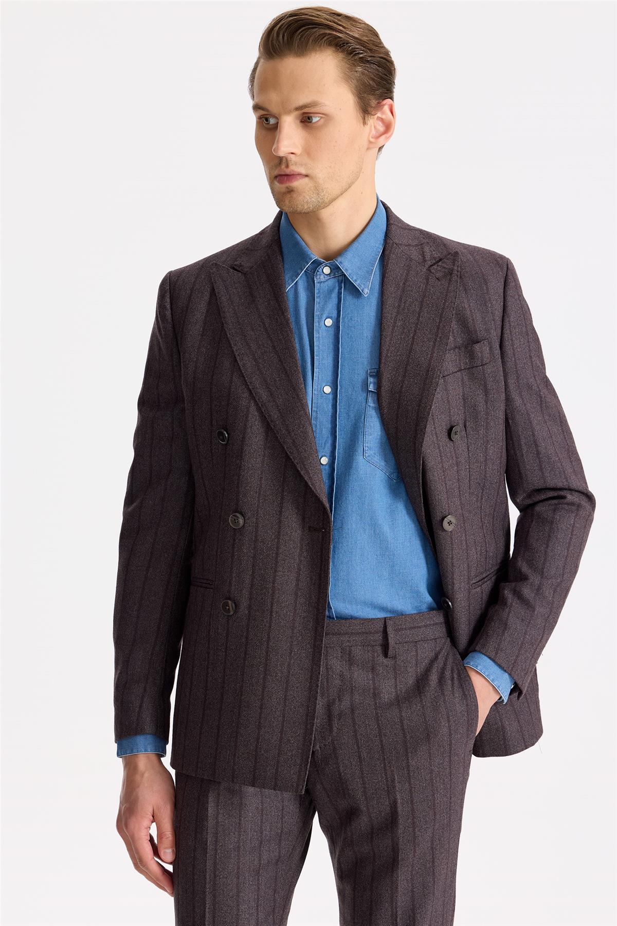 Mürdüm Çizgili Kruvaze Yün Takım Elbise