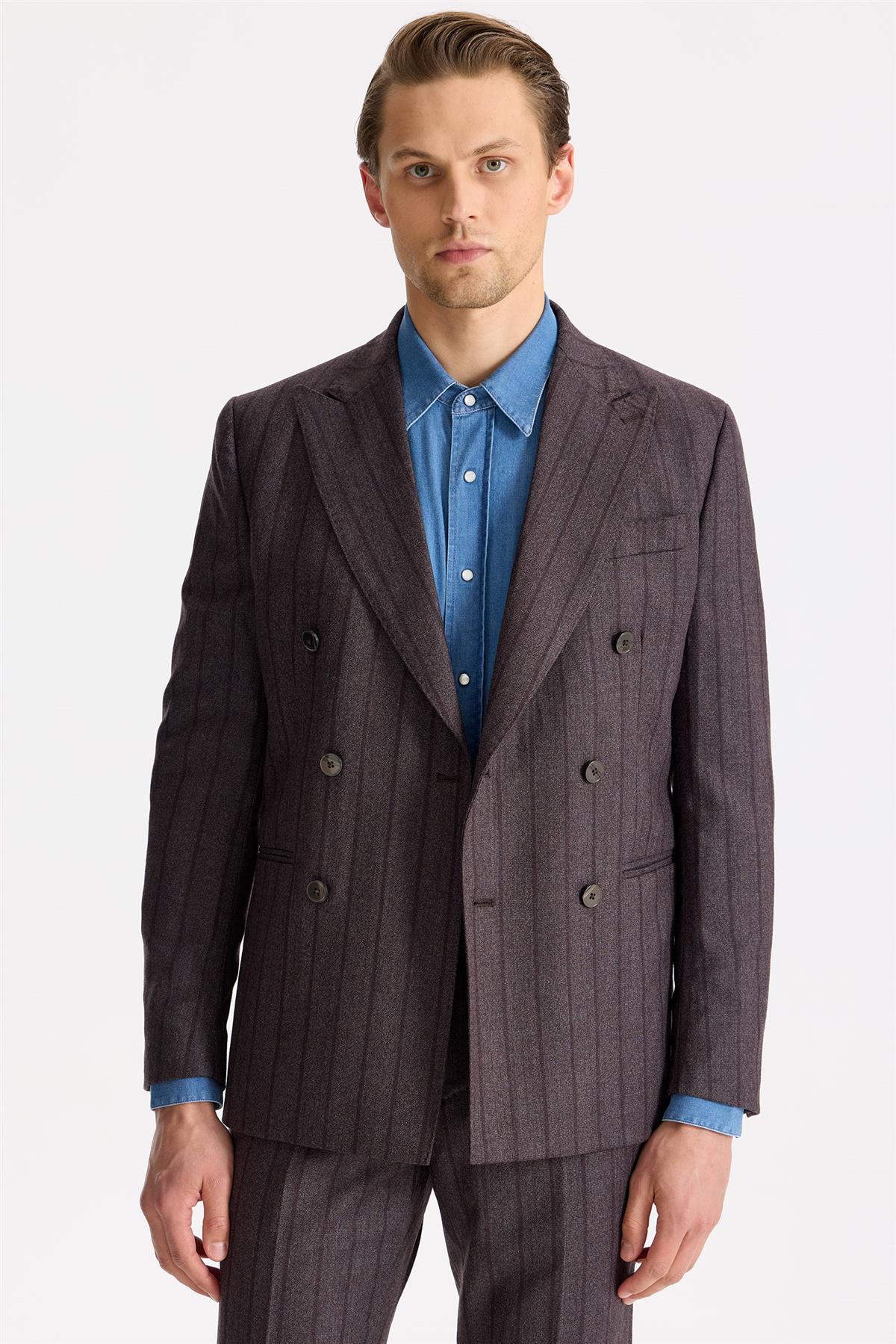 Mürdüm Çizgili Kruvaze Yün Takım Elbise