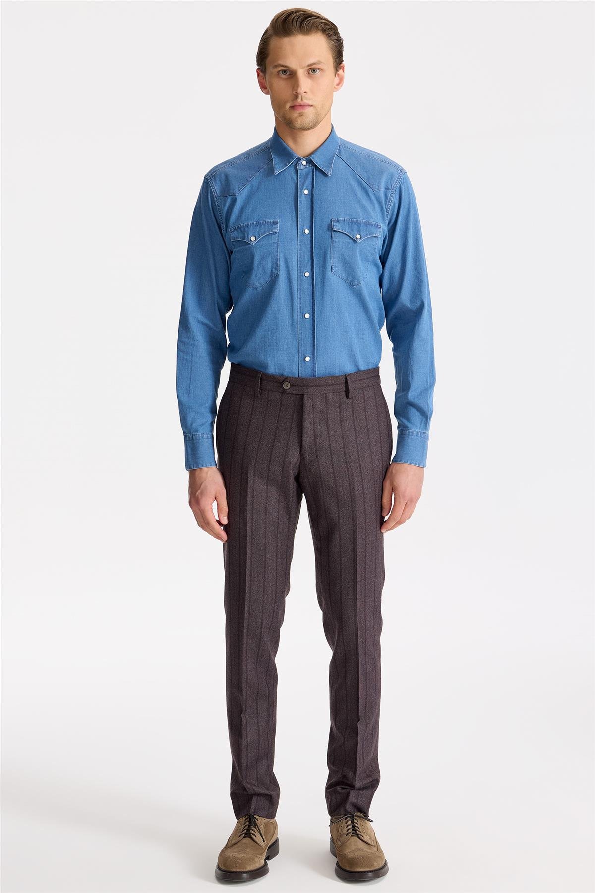 Mürdüm Çizgili Kruvaze Yün Takım Elbise