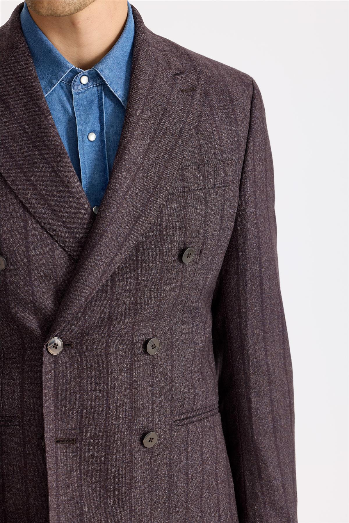 Mürdüm Çizgili Kruvaze Yün Takım Elbise