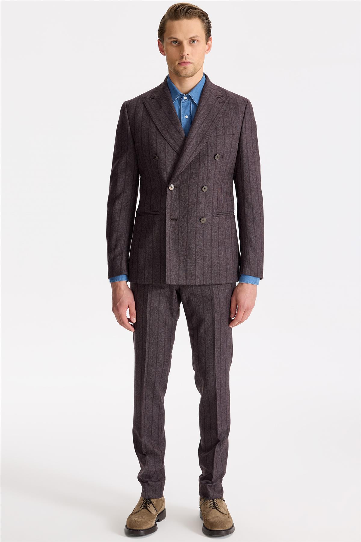 Mürdüm Çizgili Kruvaze Yün Takım Elbise