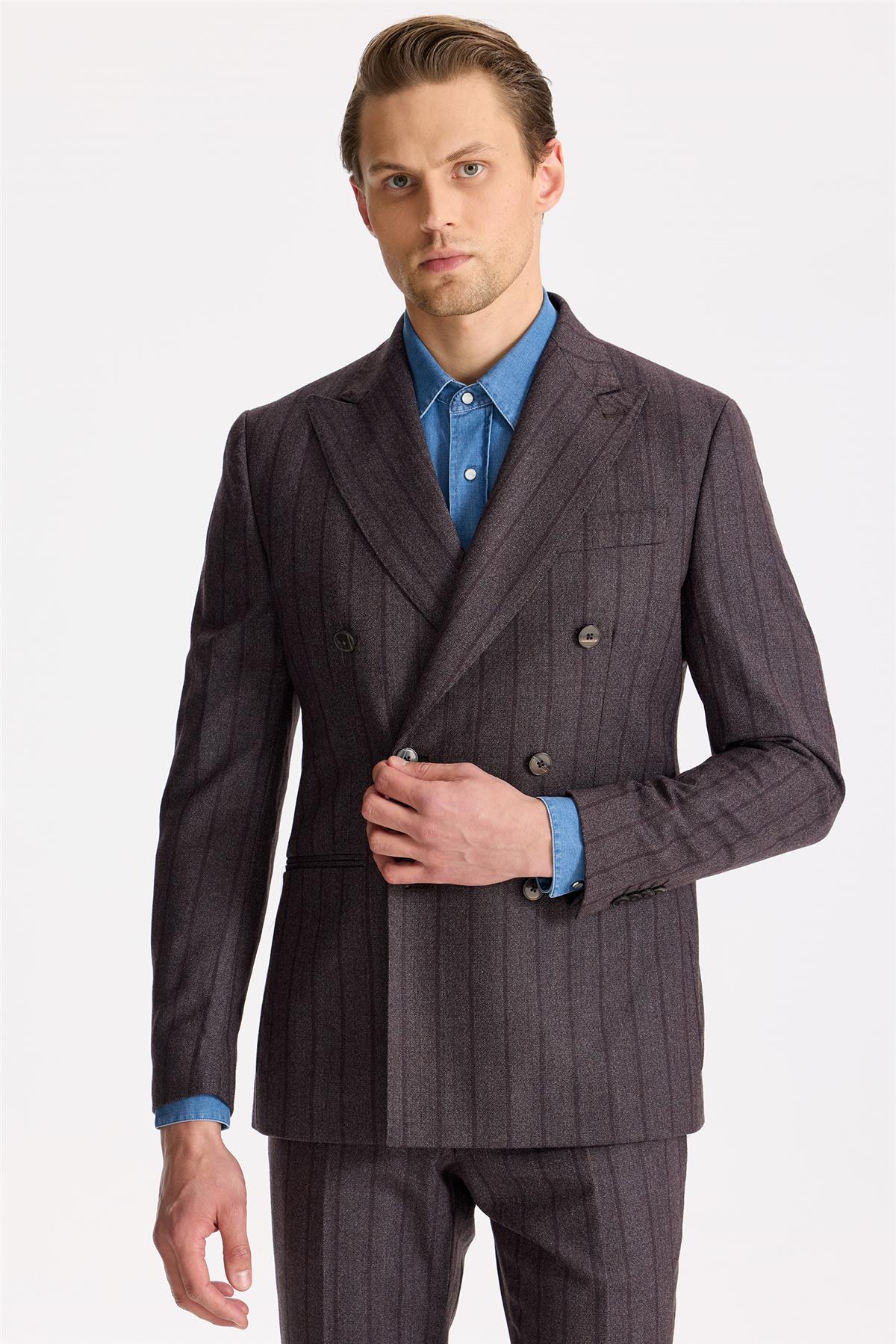 Mürdüm Çizgili Kruvaze Yün Takım Elbise