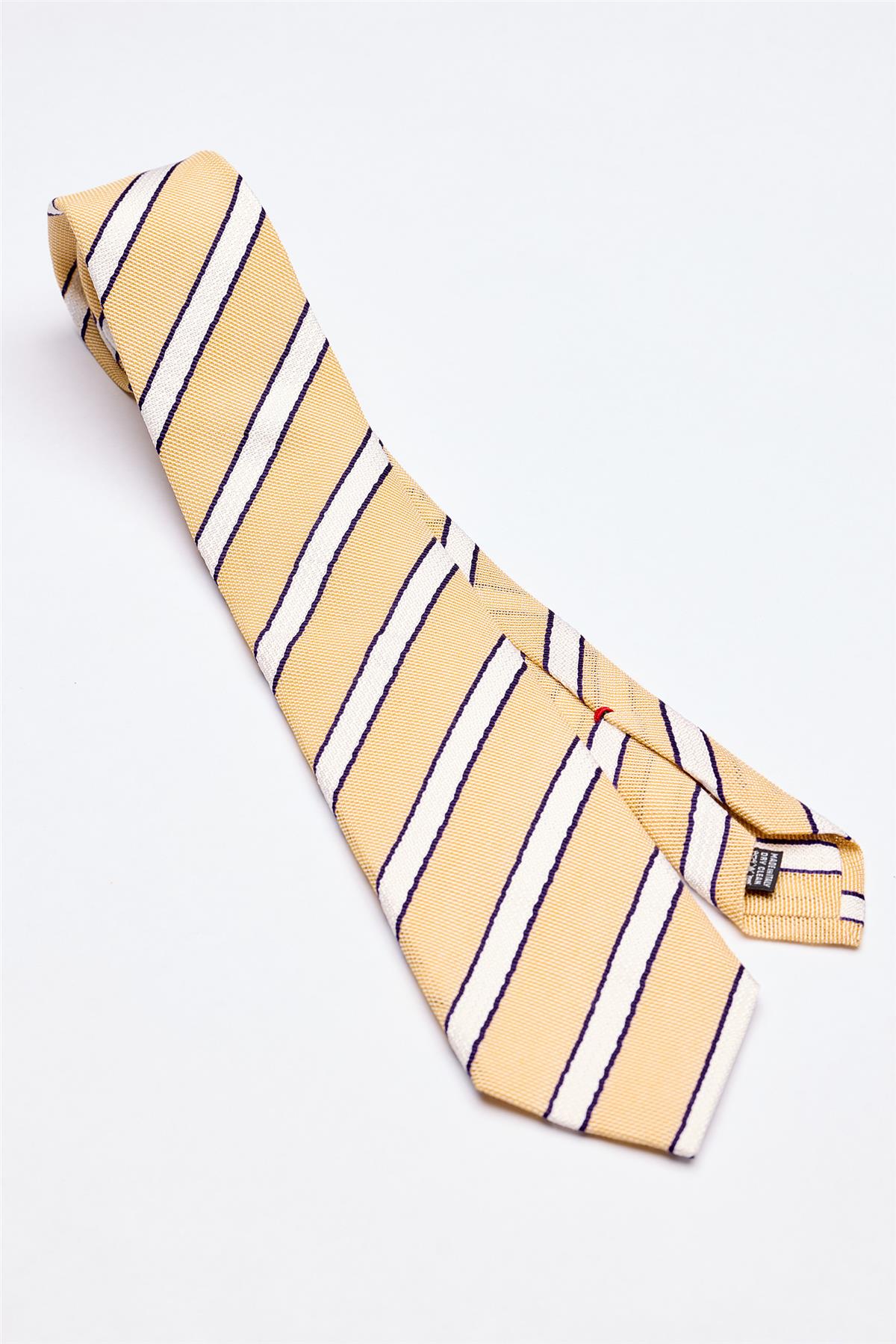Sarı Beyaz Lacivert Çizgili 7 Fold Örgü İpek Kravat