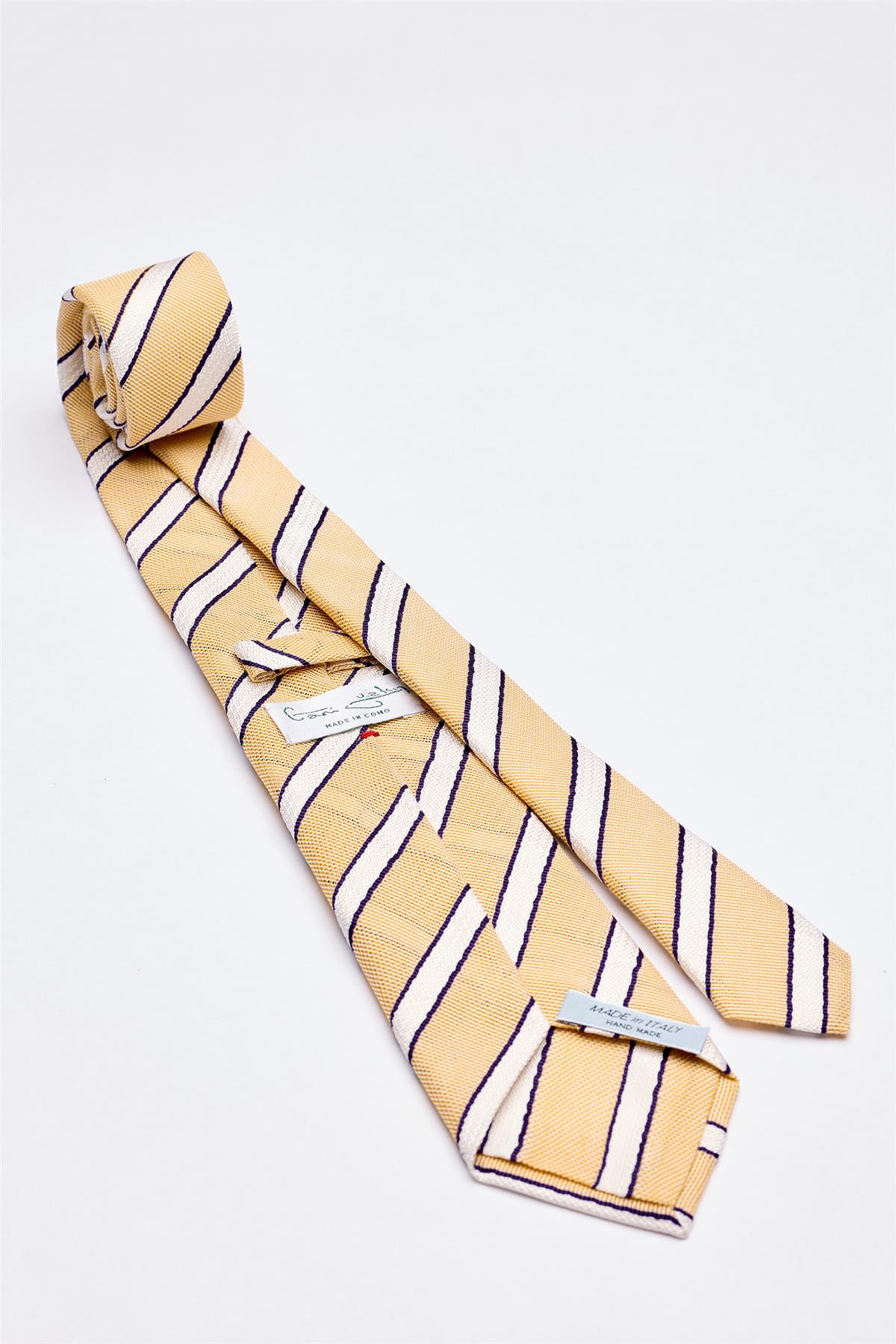 Sarı Beyaz Lacivert Çizgili 7 Fold Örgü İpek Kravat