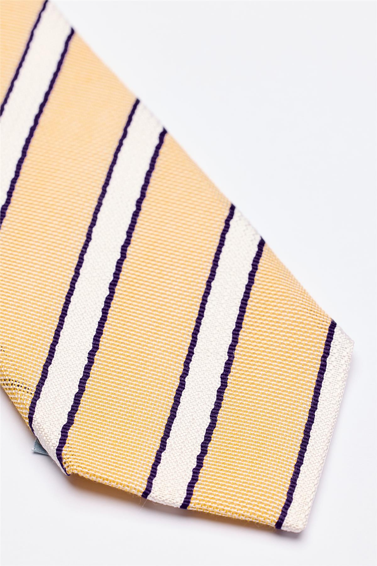Sarı Beyaz Lacivert Çizgili 7 Fold Örgü İpek Kravat