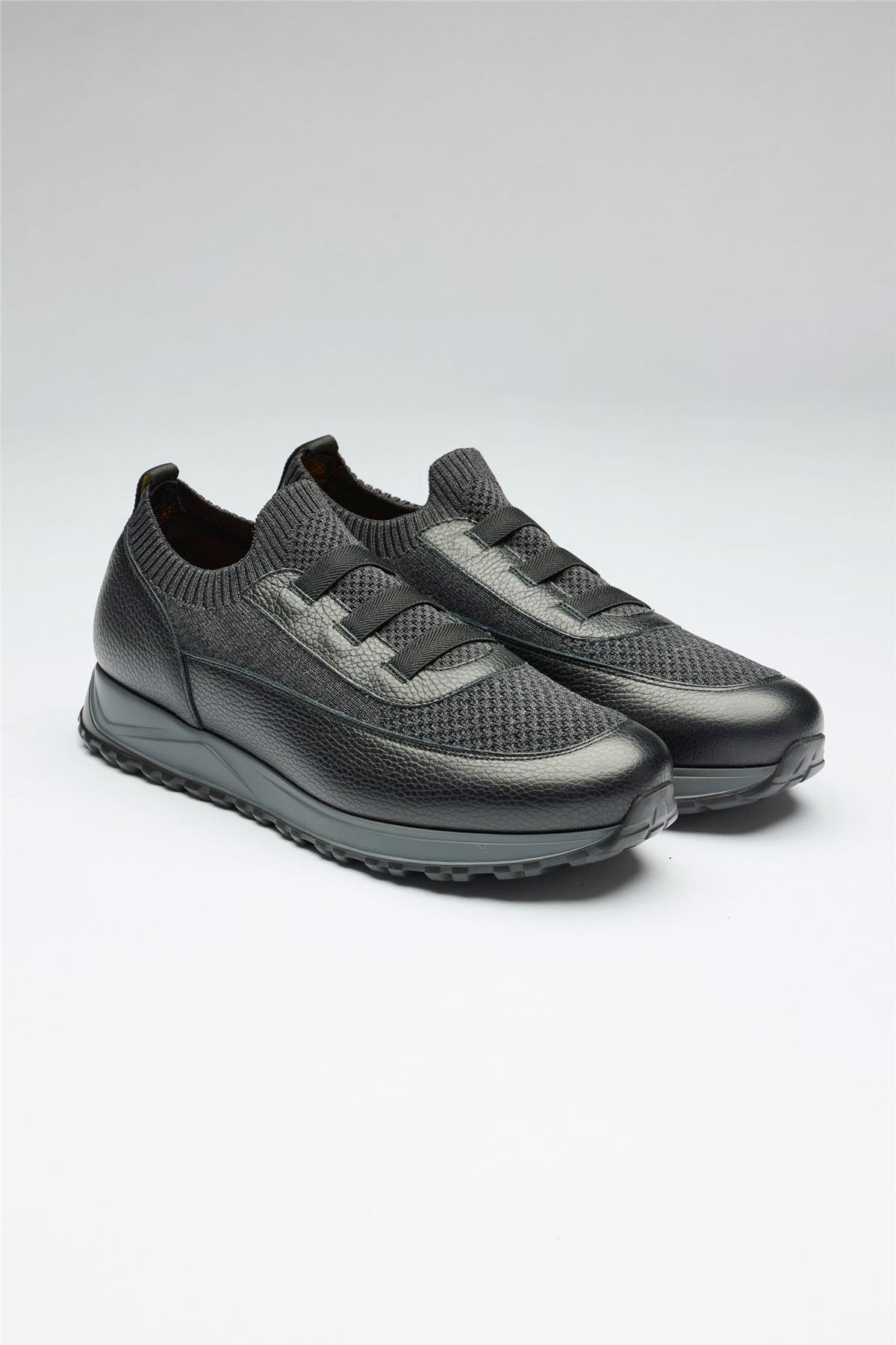 Siyah Bağcıksız Örgü Deri Sneaker