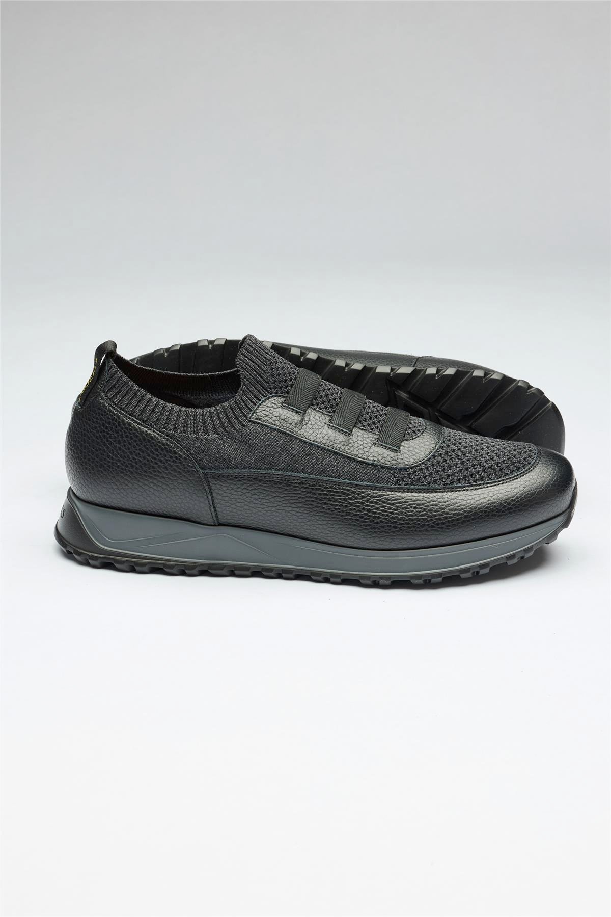 Siyah Bağcıksız Örgü Deri Sneaker