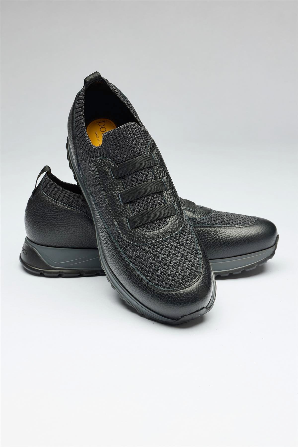 Siyah Bağcıksız Örgü Deri Sneaker
