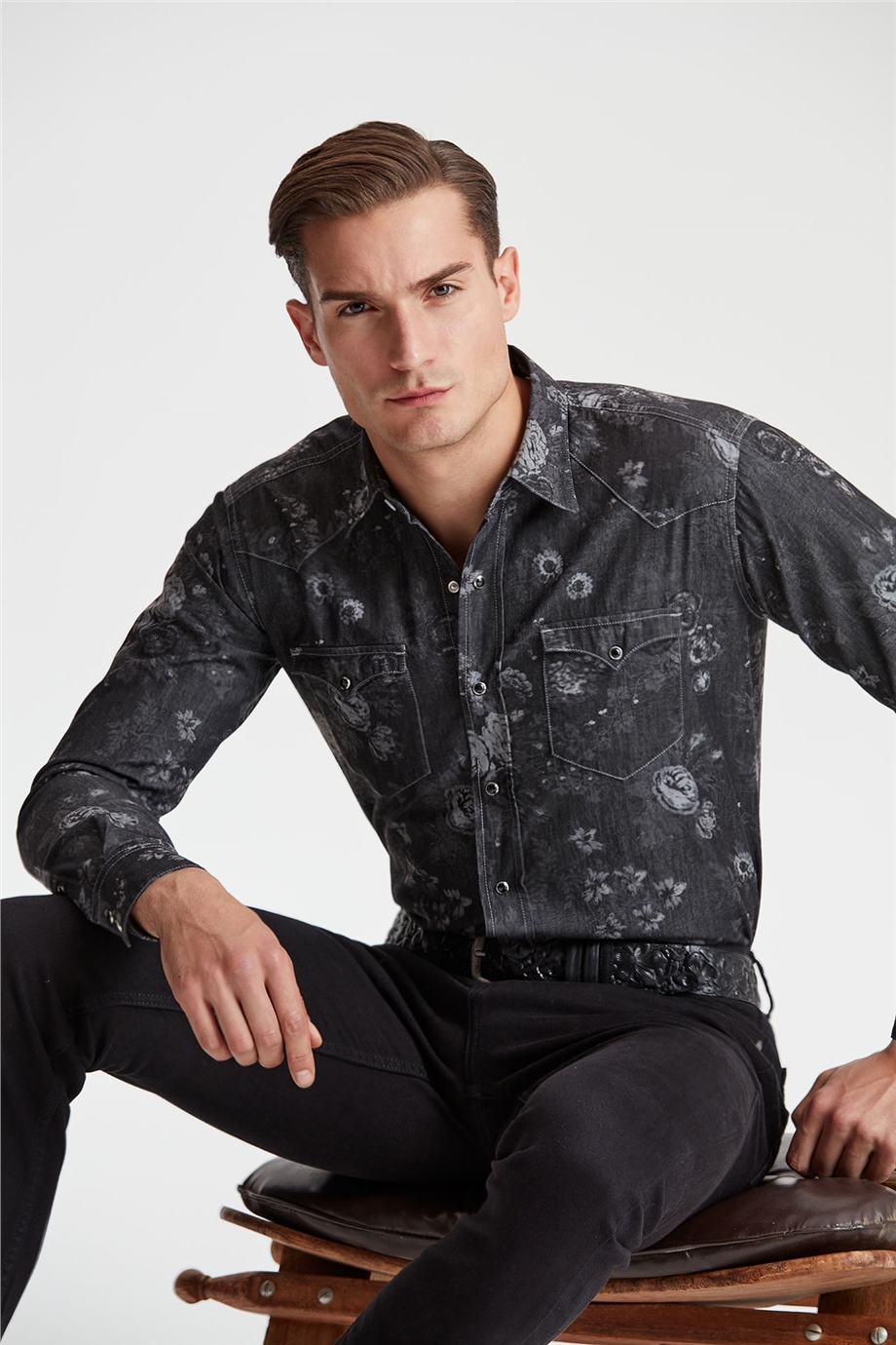 Siyah Desenli Western Denim Gömlek