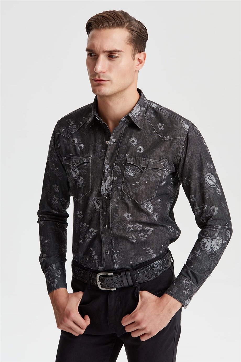 Siyah Desenli Western Denim Gömlek