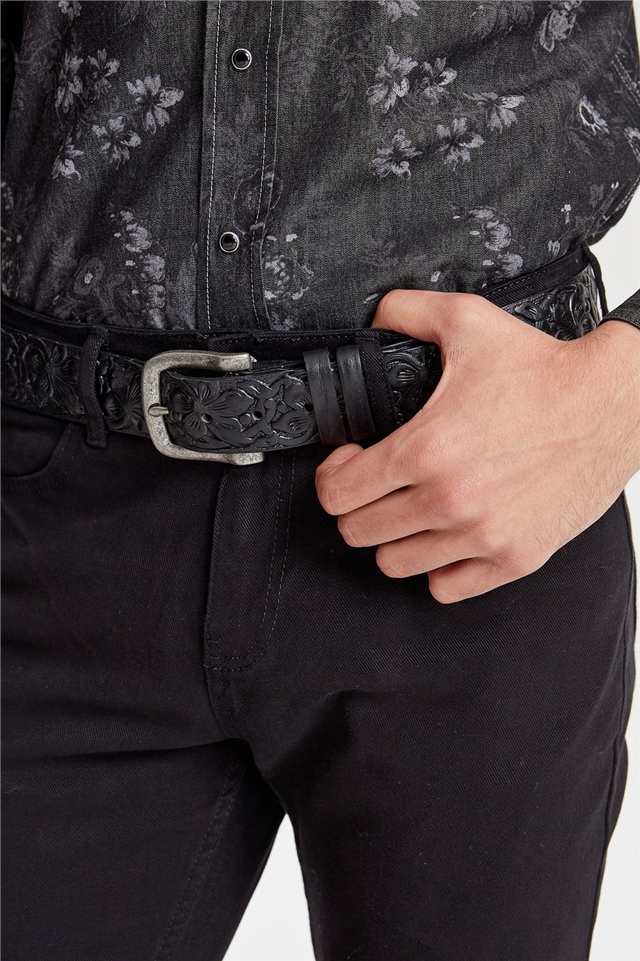Siyah Desenli Western Denim Gömlek